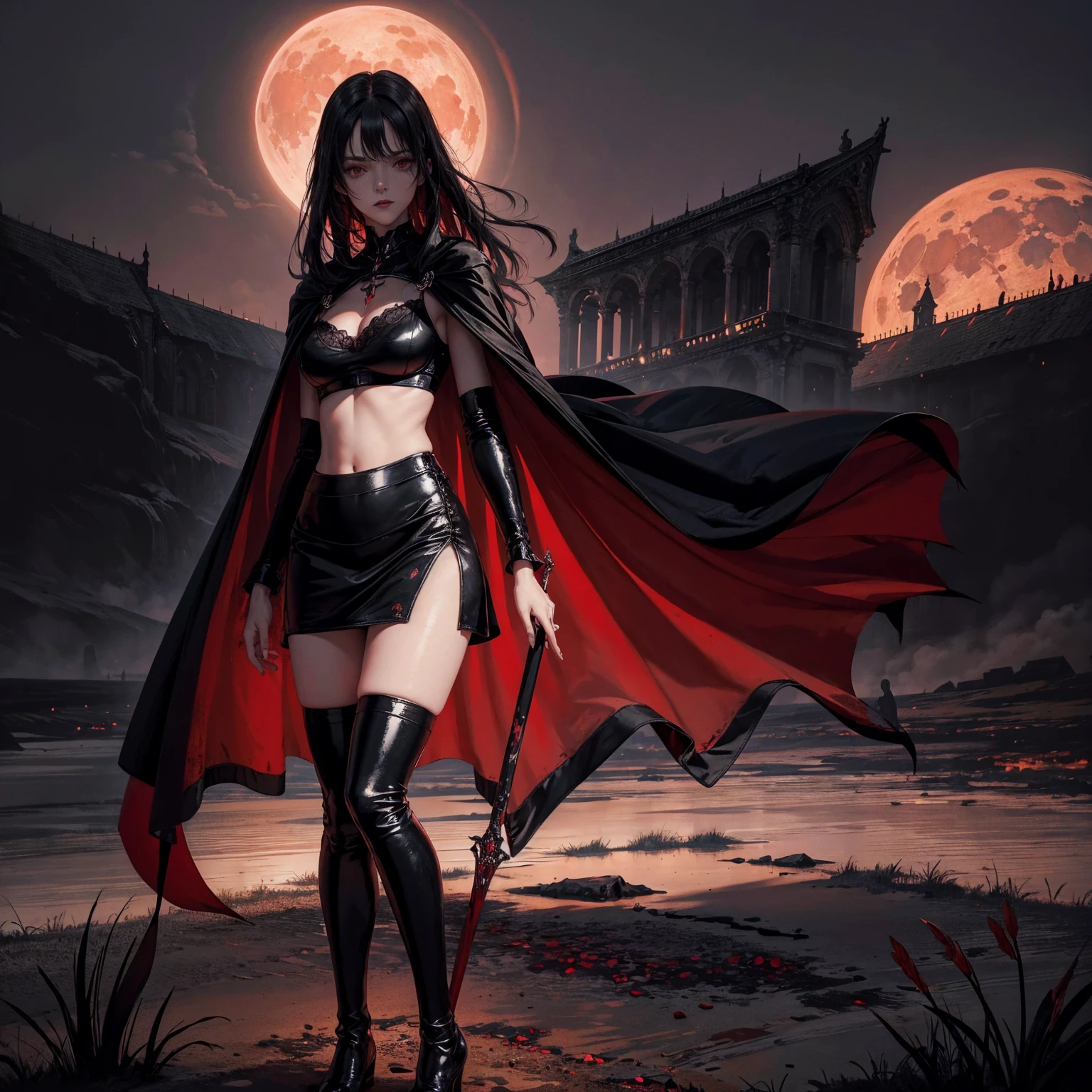 best quality, 4K, high resolution, masterpiece:1.2, Very detailed, actual:1.37, Mood lighting, Girl in a long cape, Only wearing a reflective rubber bra and a reflective latex skirt and a pair of knee-high stockings, Exposes the navel，Shows the skin above the chest, Dangerous sneer, Black Hair, Standing, Facing the camera, Crucified, Pitch black sky, Blood-red moon, strange atmosphere, Gothic style, Unforgettable beauty, Dramatic shadows, Ethereal Light, Mysterious atmosphere.