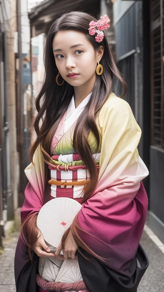 Cute Japanese female, (16 years old), (Very cute face: 1.3), White moist skin, Looking at the camera, Melancholy expression,
BREAK,
Idol,
BREAK,
(Wearing cute kimono: 1.3), (Highly revealing kimono), Very large earrings, Short length,
BREAK,
(Fighting pose: 1.3),
BREAK,
(Long hair), (Pink hair: 1.2), (Wavy hair), (Gradient hair: 1.3), (Red hair at the ends),
BREAK,
(Realistic: 1.3), Masterpiece, Perfect lighting, (Ultra-high resolution), (8K), (Highly detailed: 1.4), (From the front), (Full body: 1.3), (Symmetrical: 1.2),
BREAK,
(Japanese city streets: 1.2),
BREAK,
(Demon Slayer: 1.4),
BREAK,
(Hellfire: 1.2), Demon,