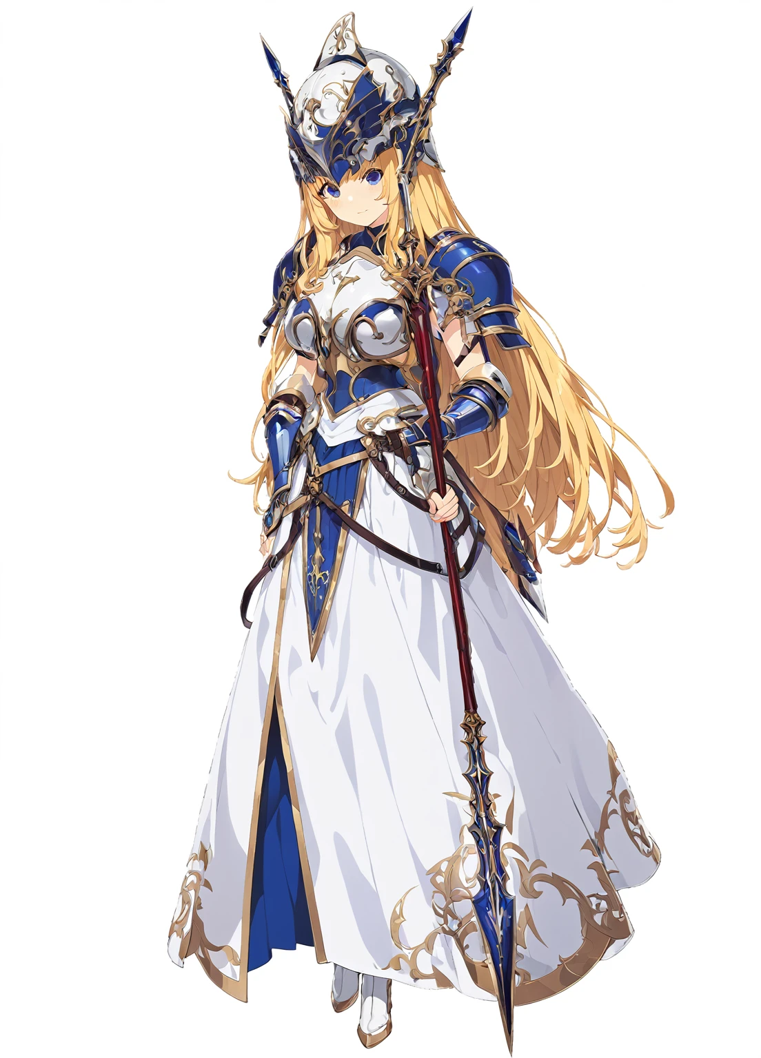 high quality, high resolution, high qualityのゲームアートスタイル, whole body,valkyrie,perfect hand,Official Art, Smooth game CG art, Visual Novel Sprites, White background,Smooth game CG art, (((Woman holding a long spear))),Woman wearing a white dress and blue armor, An intricately designed helmet with white feathers,Small shield, (((In his right hand he holds an elaborate long spear))),Exquisite Blue Armor,Golden Hair, long hair, female knight, Rin々Shii,Large Bust,20-year-old,