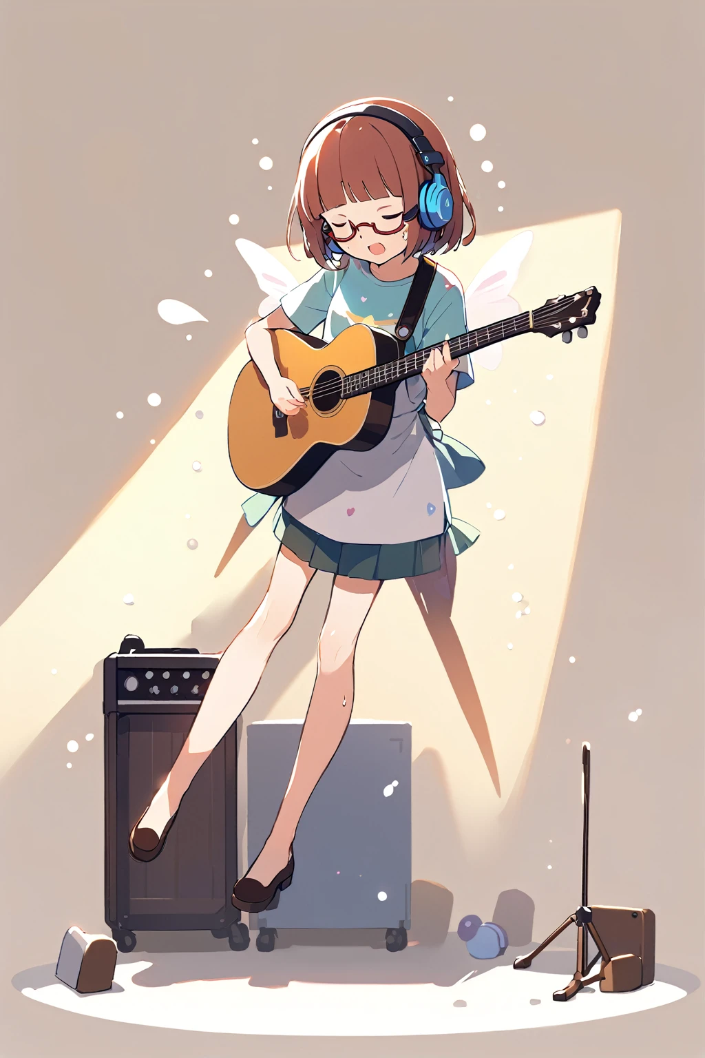 (extremely detailed fine touch:1.3), (((semi-rimless eyewear:1.3))), (headphone:1.2), short hair, blunt bangs, 1 girl, shirt, full body, playing guitar, sing a song, fluttering hair, sweat droplets, spotlight, simple background, 