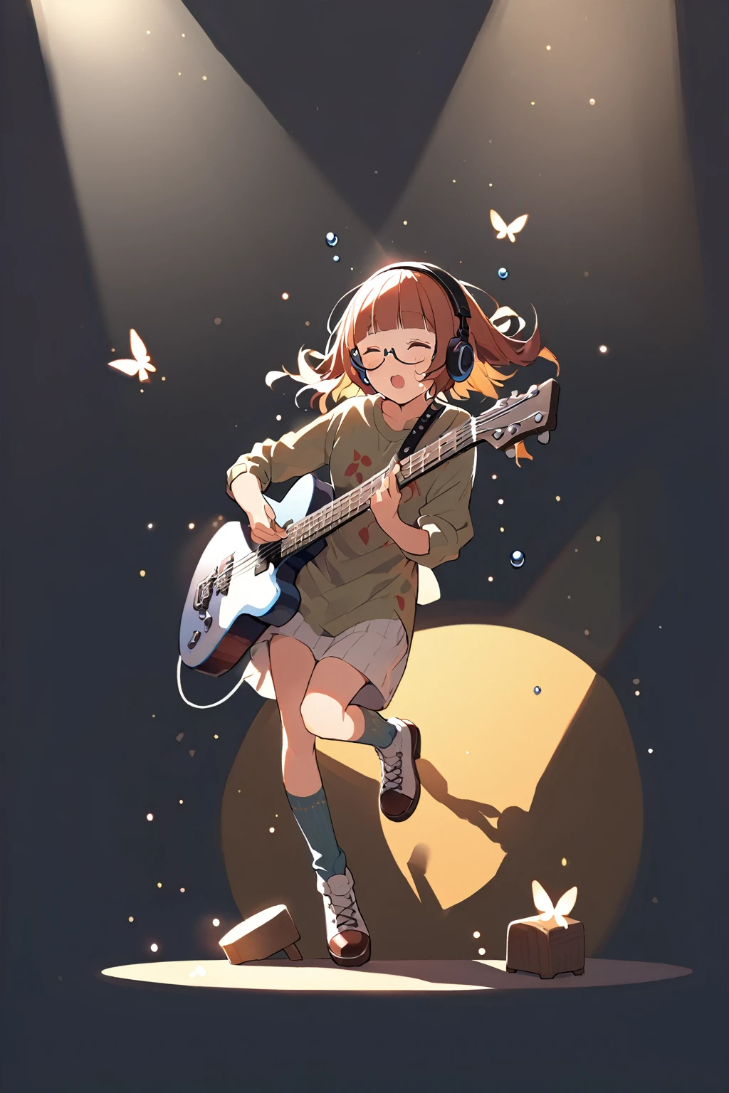 (extremely detailed fine touch:1.3), (((semi-rimless eyewear:1.3))), (headphone:1.2), short hair, blunt bangs, 1 girl, shirt, full body, playing guitar, sing a song, fluttering hair, sweat droplets, spotlight, simple background, 