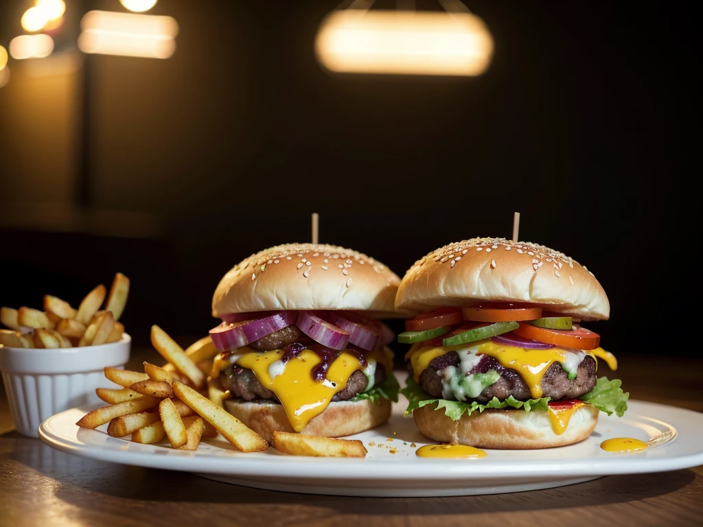 realistic photorealistic food, delicious juicy burger, crispy french fries, freshly baked bread, vibrant colors, warm lighting, detailed textures, mouthwatering presentation, appetizing steam, gourmet restaurant quality, professional food photography, depth of field, reflections, 8k, high resolution, cinematic composition, dramatic shadows