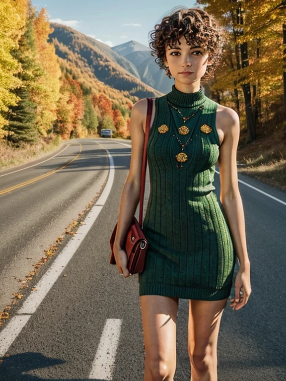 17 year old girl, short hair, extremely curly, Red color, Skinny body, , short dress, green color, mosaic design, shows his losses, bring boot, short socks, two hands, slavic face, freckles on his face, very beautiful , mountainous road, autumn trees,