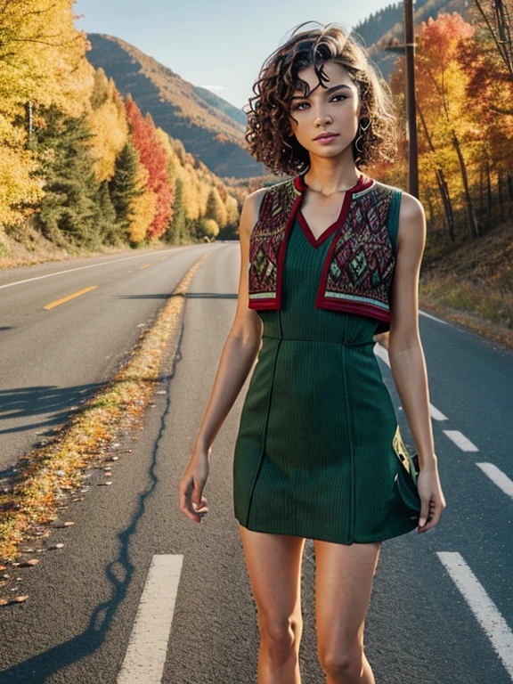 17 year old girl, short hair, extremely curly, Red color, Skinny body, , short dress, green color, mosaic design, shows his losses, bring boot, short socks, two hands, slavic face, freckles on his face, very beautiful , mountainous road, autumn trees,