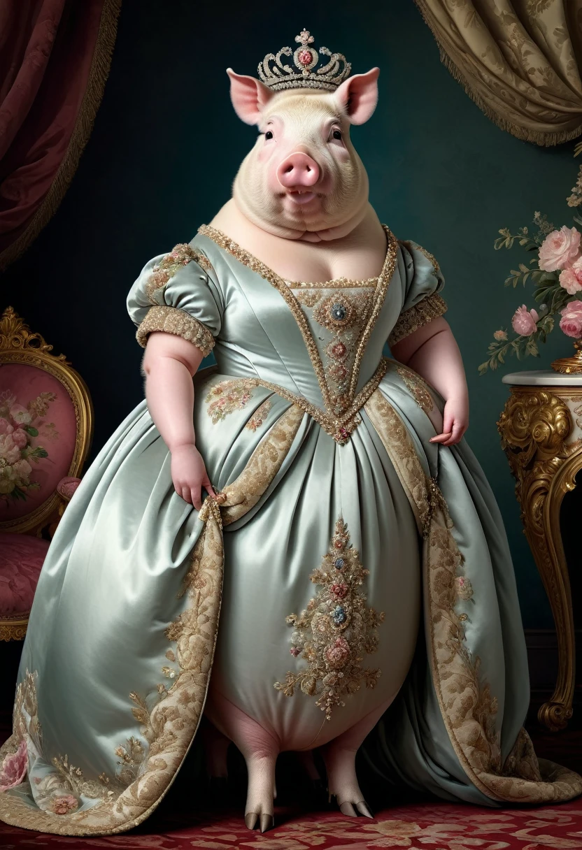 photorealistic portrait of Dressed animals - a ((fat)) (manatee) princess, (furry),(full body image:1.5),(elegant pose:1.5) Wearing luxury sack-back gown,(wearing luxury tiara),(hands on hips:1.5),(happy),(smile:1.5), Old-fashioned luxury loyal pink dress, detailed and opulent description of a loyal aristocratic sack-back gown in Rococo , emphasizing luxurious fabrics, intricate embroidery, and ornate accessories, Rococo style king palace background,(looking at viewer:1.5),score_9, score_8_up, score_7_up, score_6_up, score_5_up, score_4_up,