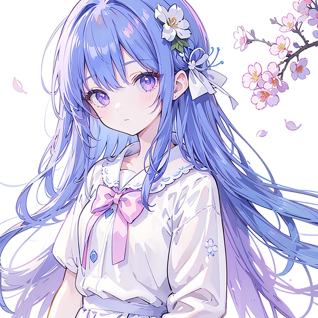 best quality, masterpiece, Extremely detailed, Detailed background, 1 Girl, Solitary, Long hair, flower, Blue Hair, White background, pink flower, Simple background, contour, Upper Body, shirt, white shirt, white flower, bow, Bangs, Purple Eyes, leaf, blush