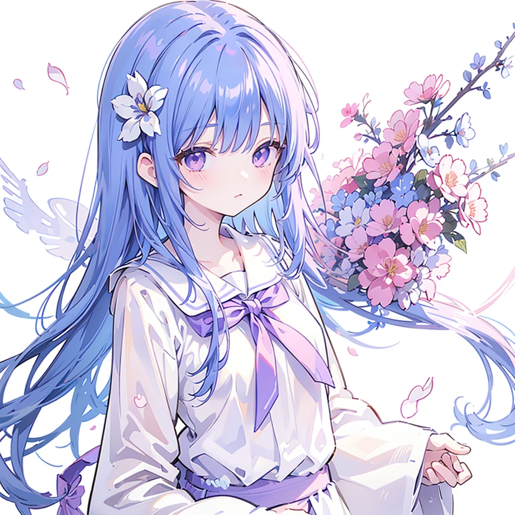 best quality, masterpiece, Extremely detailed, Detailed background, 1 Girl, Solitary, Long hair, flower, Blue Hair, White background, pink flower, Simple background, contour, Upper Body, shirt, white shirt, white flower, bow, Bangs, Purple Eyes, leaf, blush