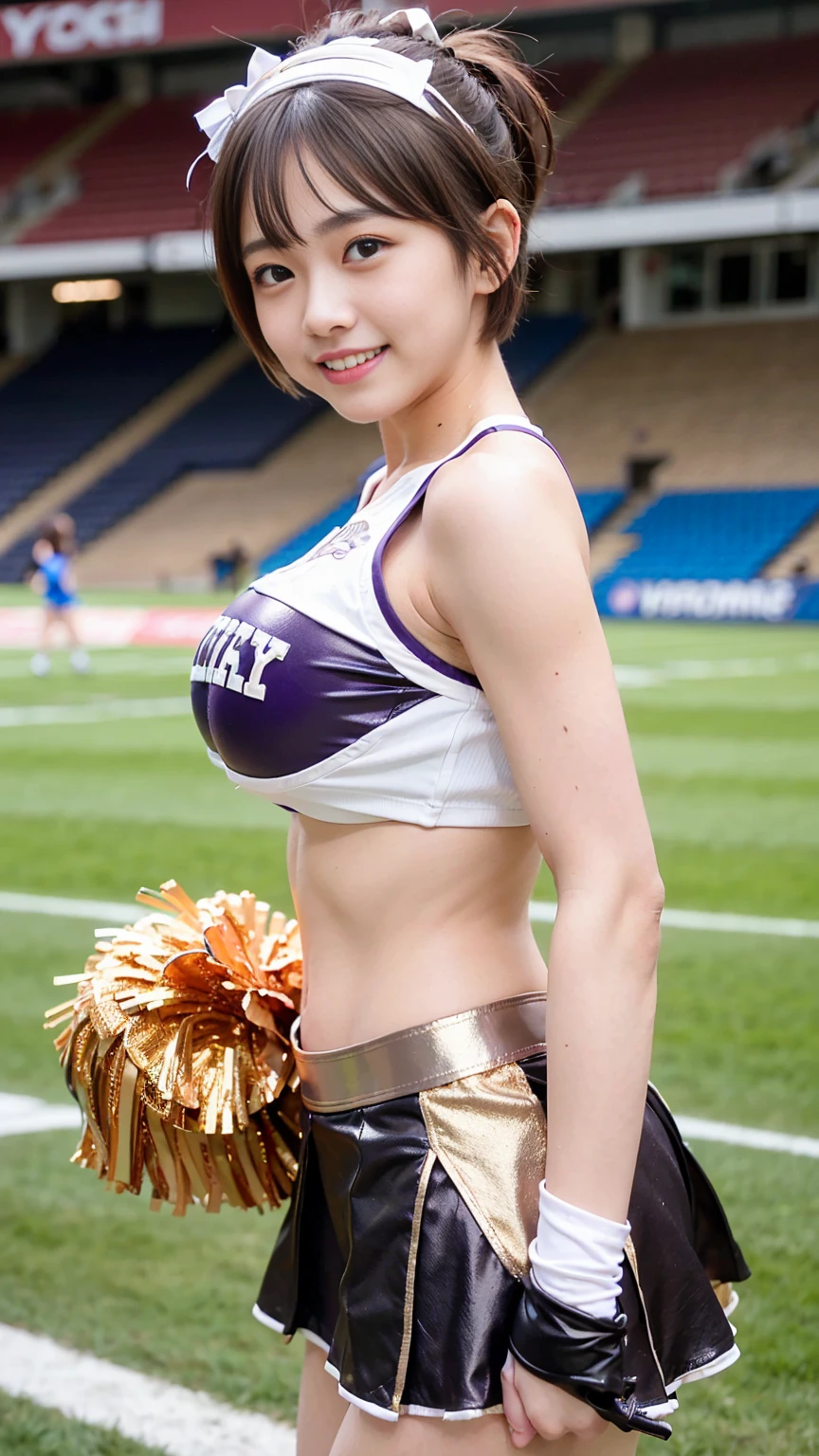 ((metallic Cheerleaders:1.5)), (Mainly black, white and purple. Tight one-shoulder tops:1.3), (Black, purple tight skirt:1.3), (latex:1.2), sun, (toyota stadium:1.4), (from behind:1.5), (Standing:1.5)), (cowboy shot:1.3), clear sky, 1girl, (huge breasts:1.6), (light brown short hair:1.6), (pixie cut:1.8), (bangs:1.3), (abs:0.5), (narrow waist:1.8), (skinny:1.5), (collabones:1), (wide forehead:1.3), (fair skin:1.5), (transparent skin:1.5), (towering:1.2), (smile:1.5), (embarrasshed:1.4), (shy:1.5), (open mouth:1.5), (18 years old:1.5), (8k, RAW photo:1.2),detailed face and eyes,best quality,highly detailed ,intricate detail ,masterpiece ,cute girl ,intricate detail, hyperdetail,sharp focus