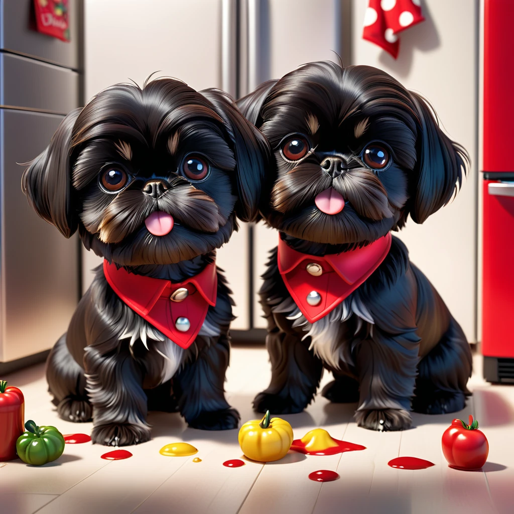 2 adorable small black shih tzu puppies wearing red collars,disney kitchen,3d cartoon,3d render,disney pixar style,refrigerator making food mess,extremely detailed,masterpiece,photorealistic,vibrant colors,warm lighting,cute,adorable,playful,mischievous