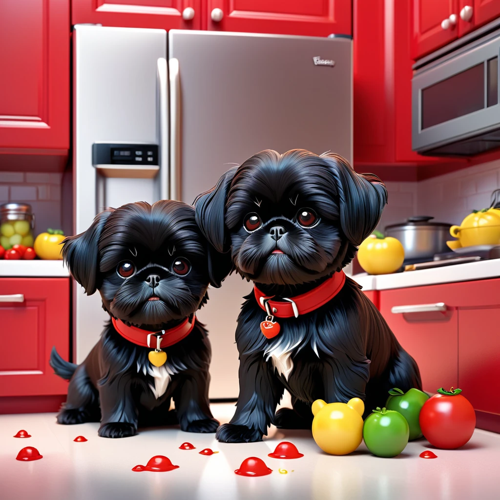 2 adorable small black shih tzu puppies wearing red collars,disney kitchen,3d cartoon,3d render,disney pixar style,refrigerator making food mess,extremely detailed,masterpiece,photorealistic,vibrant colors,warm lighting,cute,adorable,playful,mischievous