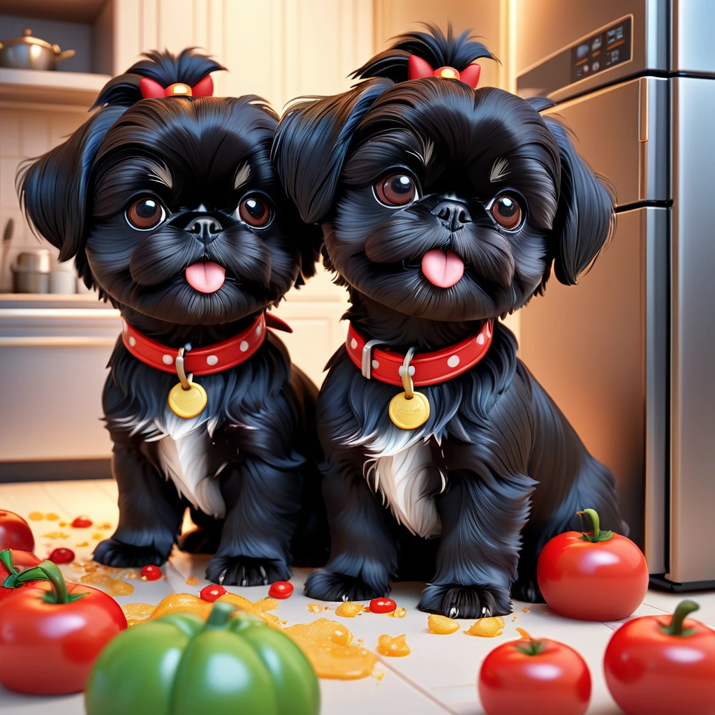 2 adorable small black shih tzu puppies wearing red collars,disney kitchen,3d cartoon,3d render,disney pixar style,refrigerator making food mess,extremely detailed,masterpiece,photorealistic,vibrant colors,warm lighting,cute,adorable,playful,mischievous