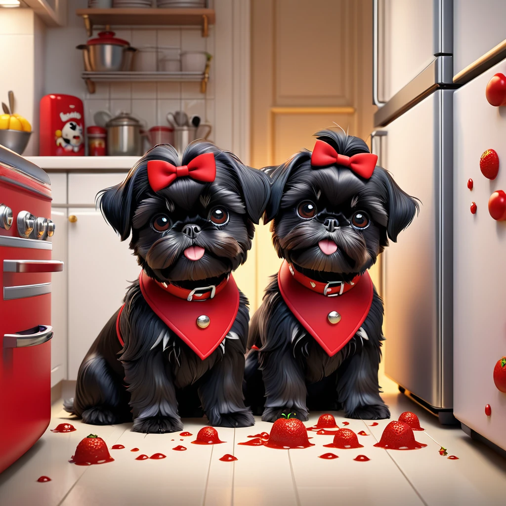 2 adorable small black shih tzu puppies wearing red collars,disney kitchen,3d cartoon,3d render,disney pixar style,refrigerator making food mess,extremely detailed,masterpiece,photorealistic,vibrant colors,warm lighting,cute,adorable,playful,mischievous