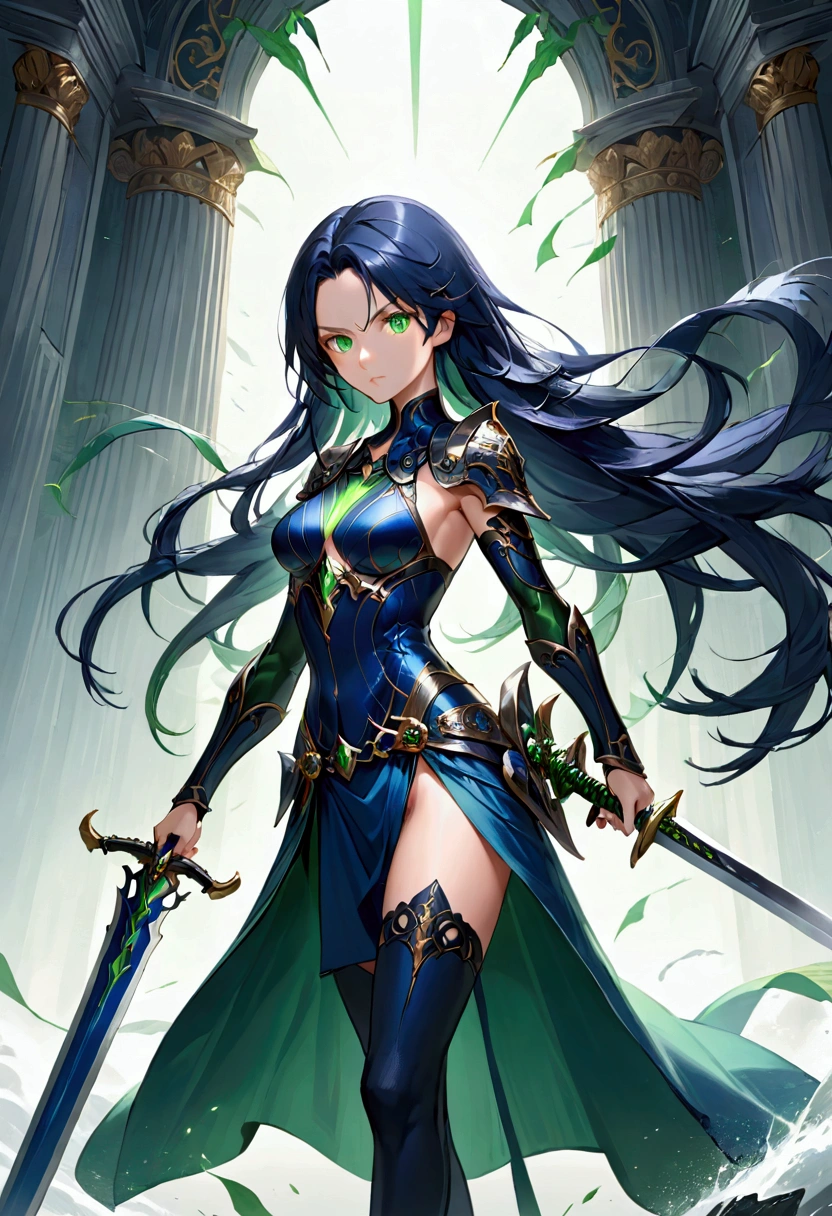 Girl with dark blue hair, green eyes,tall rectangular body figure, mature, holding two swords