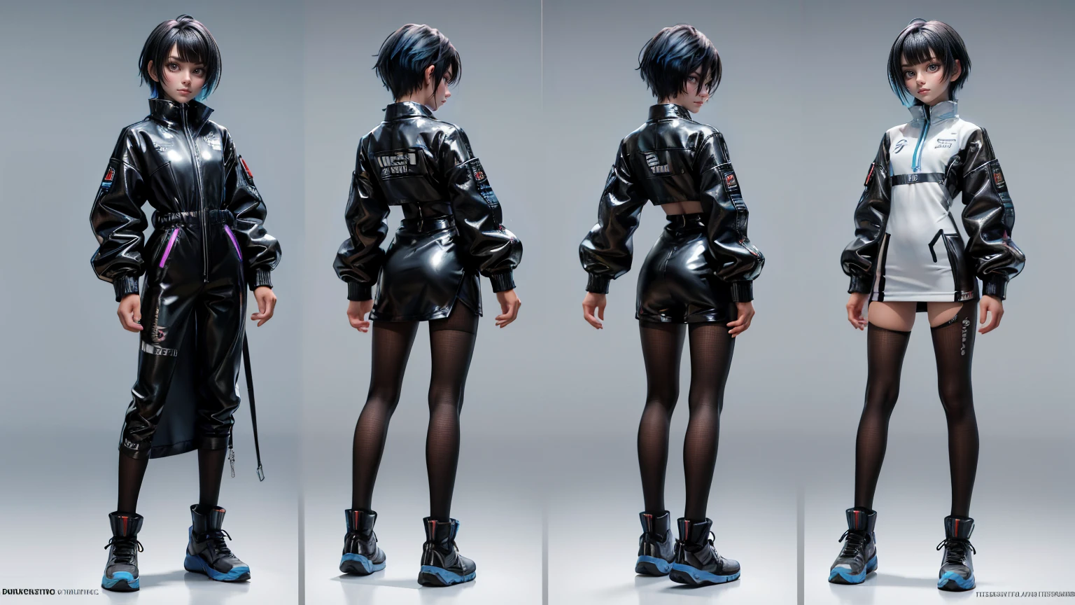 boy, A boy with black and silver hair, wearing a street artist's outfit with holographic spray cans. wearing a short black outfit wearing a futuristic athlete's outfit with energy boosters. ,black hair, short ,, gaming full straight standing pose, student, , Full body, girl, , Simple plain background, HD, standing, modern , front view, modern dresses, unique,+3 View prompt standing, 3 View Drawings, side and Front and back, Character Sheet, Full body, Simple white background, character reference sheet, Concept art, design sheet, Character Design, full body adoptable horizontal clear and blue hair,