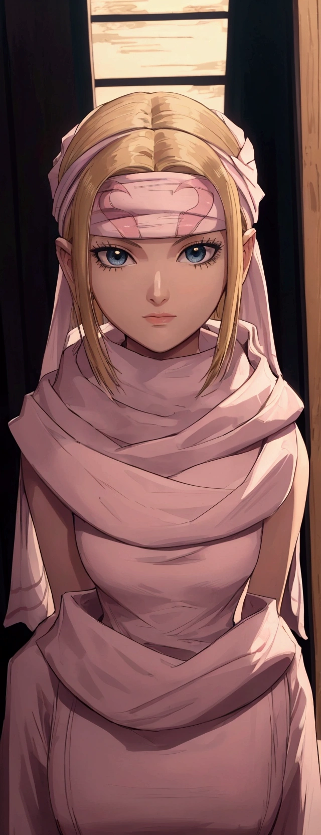masterpiece), best quality, high resolution blonde 1girl bob cut medium hair standing alone cowl headband profile image looking at viewer beautiful eyes beautiful face extremely detailed pink clothing girly