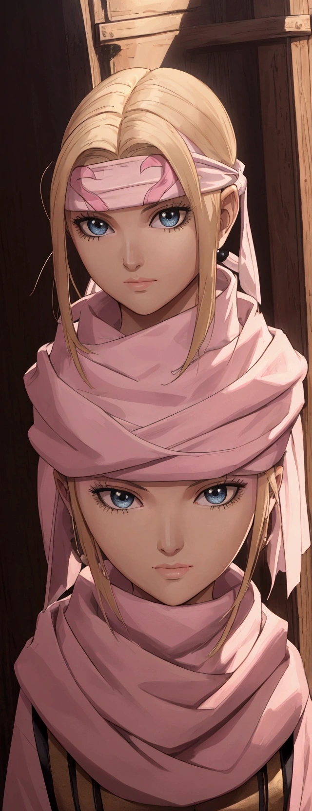 masterpiece), best quality, high resolution blonde 1girl bob cut medium hair standing alone cowl headband profile image looking at viewer beautiful eyes beautiful face extremely detailed pink clothing girly