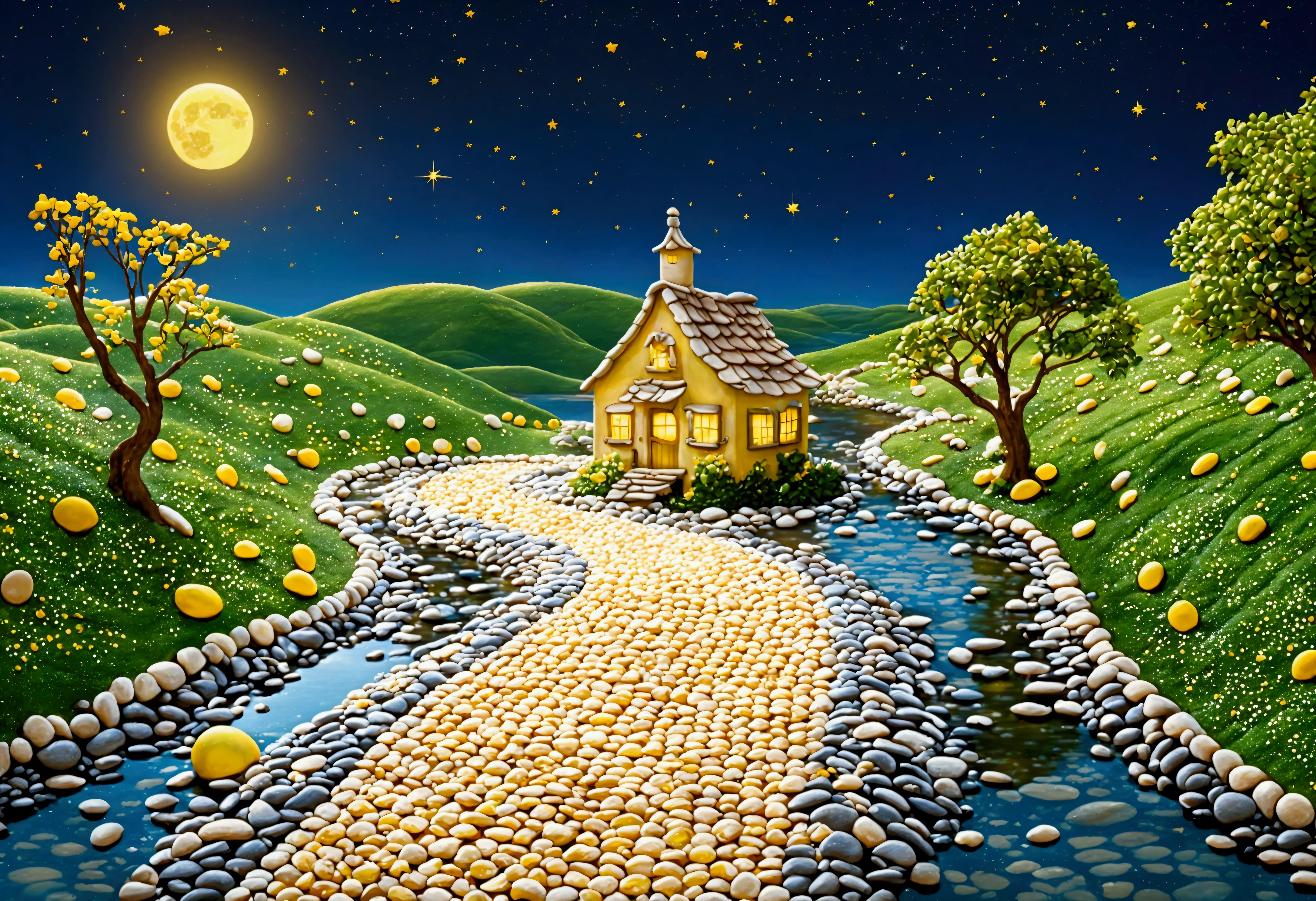 A beautiful calm and peaceful lagoon that reflects the brightness of the stars and moonlight, the stars and the moon have a yellow hue in a starry sky at the bottom of the lagoon cutting horizontally through the landscape we see a little road made of shiny pebbles that passes in front of the little house of a farm. disney pixar style