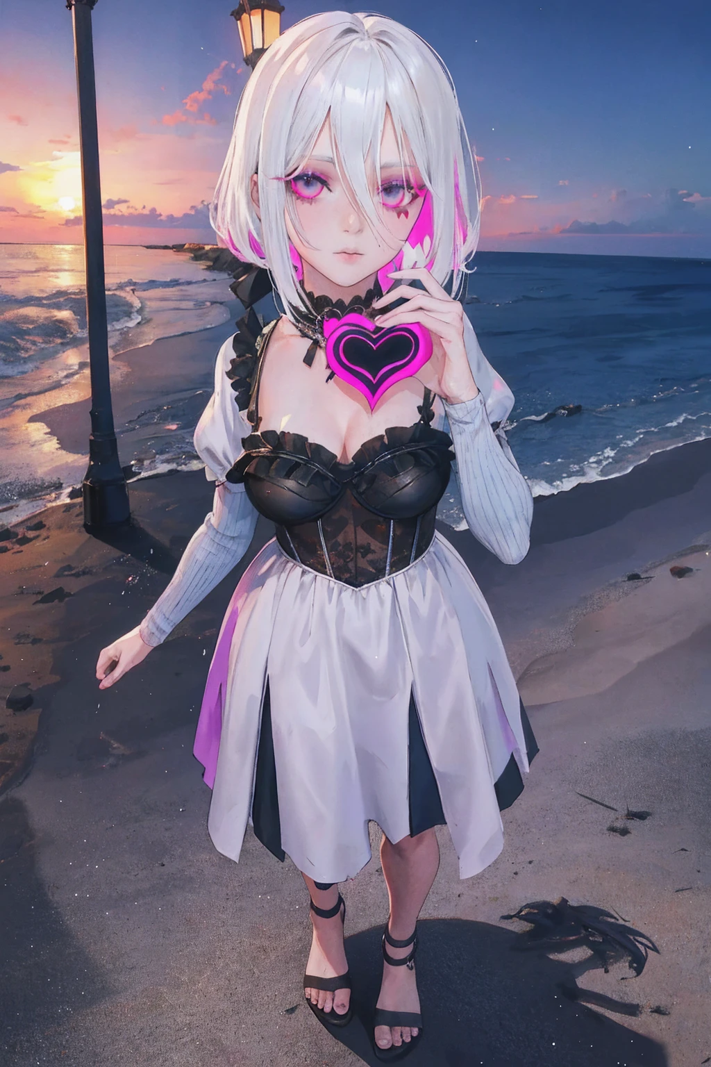 (​masterpiece), (best quality), Ultra resolution, muito detalhado, facing to viewer, anime-style, (Face shooting), white hair with pink at the ends, Gothic Kleid, dead by daylight Zobel ward, Zobel, (Viewers look at), Heart symbol on the right side of her face, dunkles Make-up, Walking on a beach at night and romantic moonlight