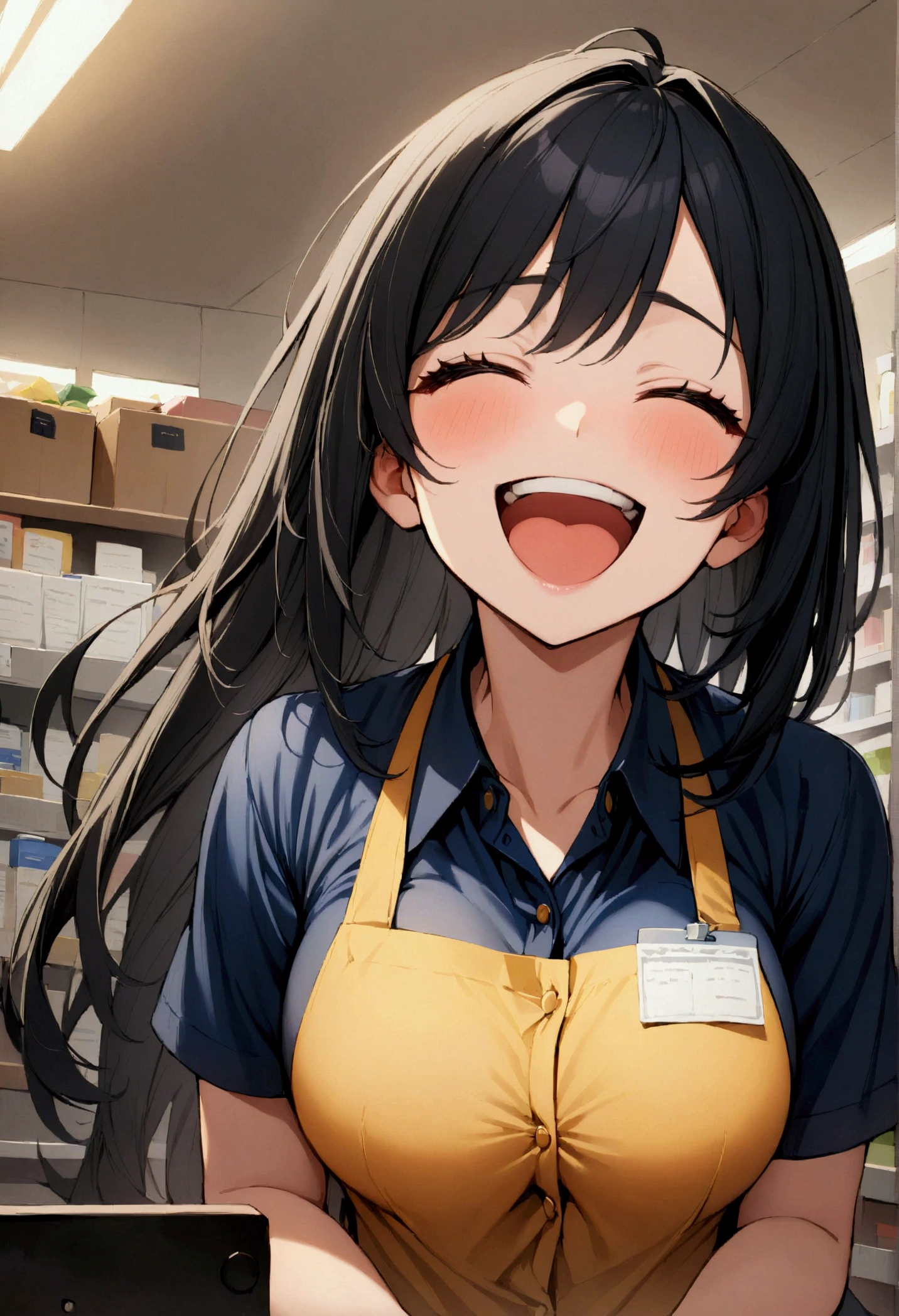 1 girl, Long black hair, Navy blue shirt, Elegant body laughter, clerk,In-house, front,