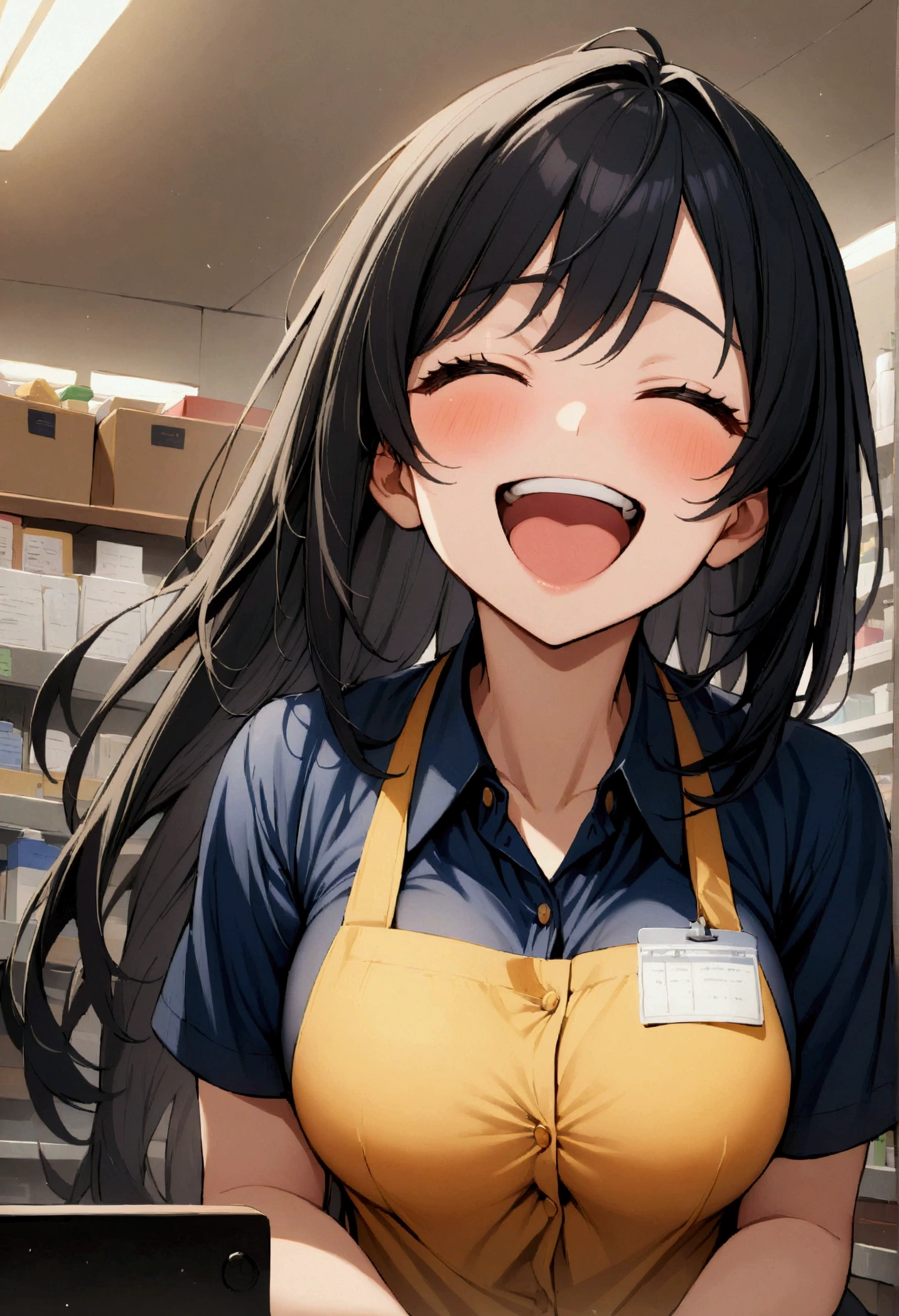 1 girl, Long black hair, Navy blue shirt, Elegant body laughter, clerk,In-house, front,