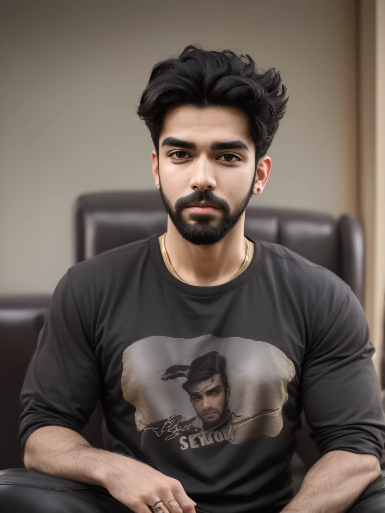 Close -up,araffe man with a beard sitting on a couch with a gold purse, by Riza Abbasi, a portrait of rahul kohli, kyza saleem, with a beard and a black shirt, handsome man, actor, with a full black beard, taken in the early 2020s, masterpiece work, enes dirig, exclusive, ayan nag