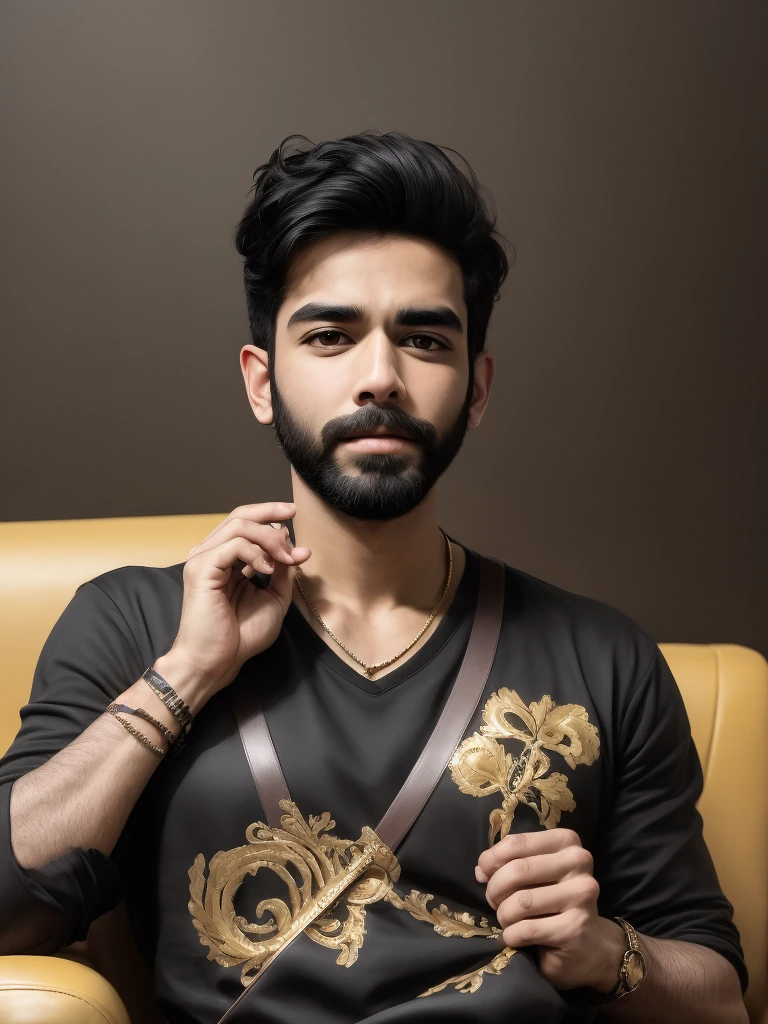 Close -up,araffe man with a beard sitting on a couch with a gold purse, by Riza Abbasi, a portrait of rahul kohli, kyza saleem, with a beard and a black shirt, handsome man, actor, with a full black beard, taken in the early 2020s, masterpiece work, enes dirig, exclusive, ayan nag