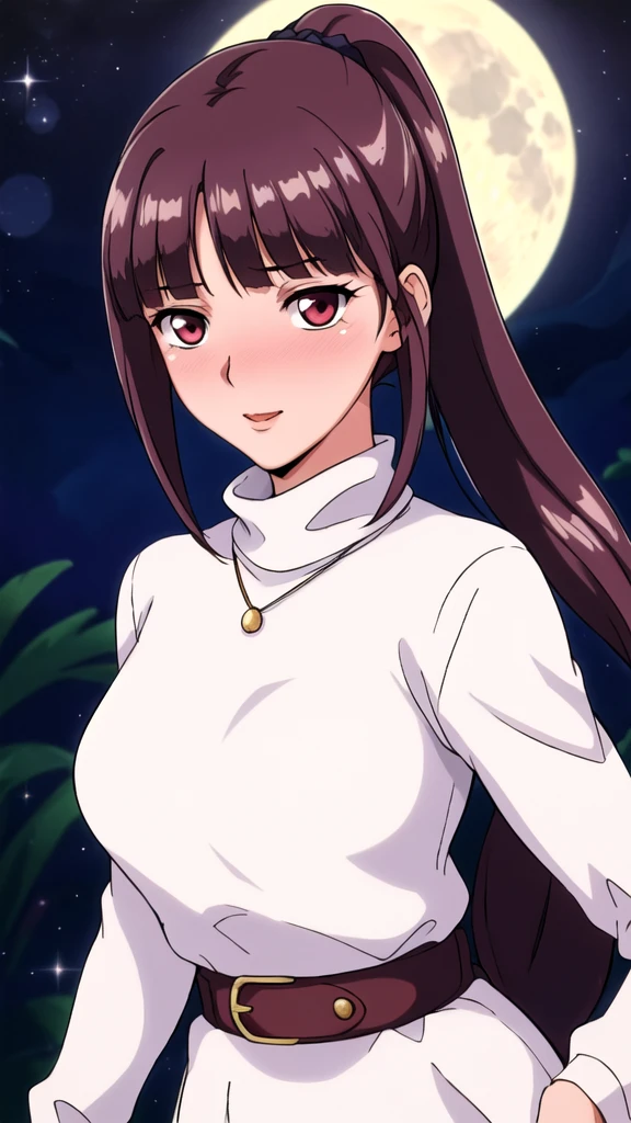 white cape turtleneck, black pencil shirt,black short skirt, belt,hair ornament, hair scrunchie, low ponytail, downer ponytail, middle ponytail, long hair, bangs, brunette, black hair, blunt bangs, big red eyes, alone, 1 girl, Young female, 18 years old, sexy gal, very cute, smile, Beautiful Finger,Beautiful long legs,Beautiful body,Beautiful Nose,Beautiful character design, perfect eyes, perfect face,expressive eyes, looking at viewer, in the center of the image,(light smile:0.5), official art, outdoor, portrait, perfect lighting,Colorful, Bright_Front_face_Lighting,shiny skin, (masterpiece:1.0),(best quality:1.0), ultra high res,4K,ultra-detailed, photography, 8K, HDR, highres, absurdres:1.2, Kodak portra 400, film grain, blurry background, bokeh:1.2, lens flare, (vibrant_color:1.2), (beautiful face), (slim body, curvy body, slender waist), (ashamed, blushing), glossy lip rouge, glossy crimson rouge, (jealousy), SFW, seductive, charming,(attractive,enchanting,fascinating,captivating,bewitching,enthralling,entrancing,attractive,gripping,engrossing),airport,night,fullmoon,bluemoon,(flush, blush, flushing, suffusion),(perplexity; aporioneurosis; quandary; bewilderment; embarrassment),dallying,elegance,smart,beautiful long hair, brown blazer, silver metal moon necklace,