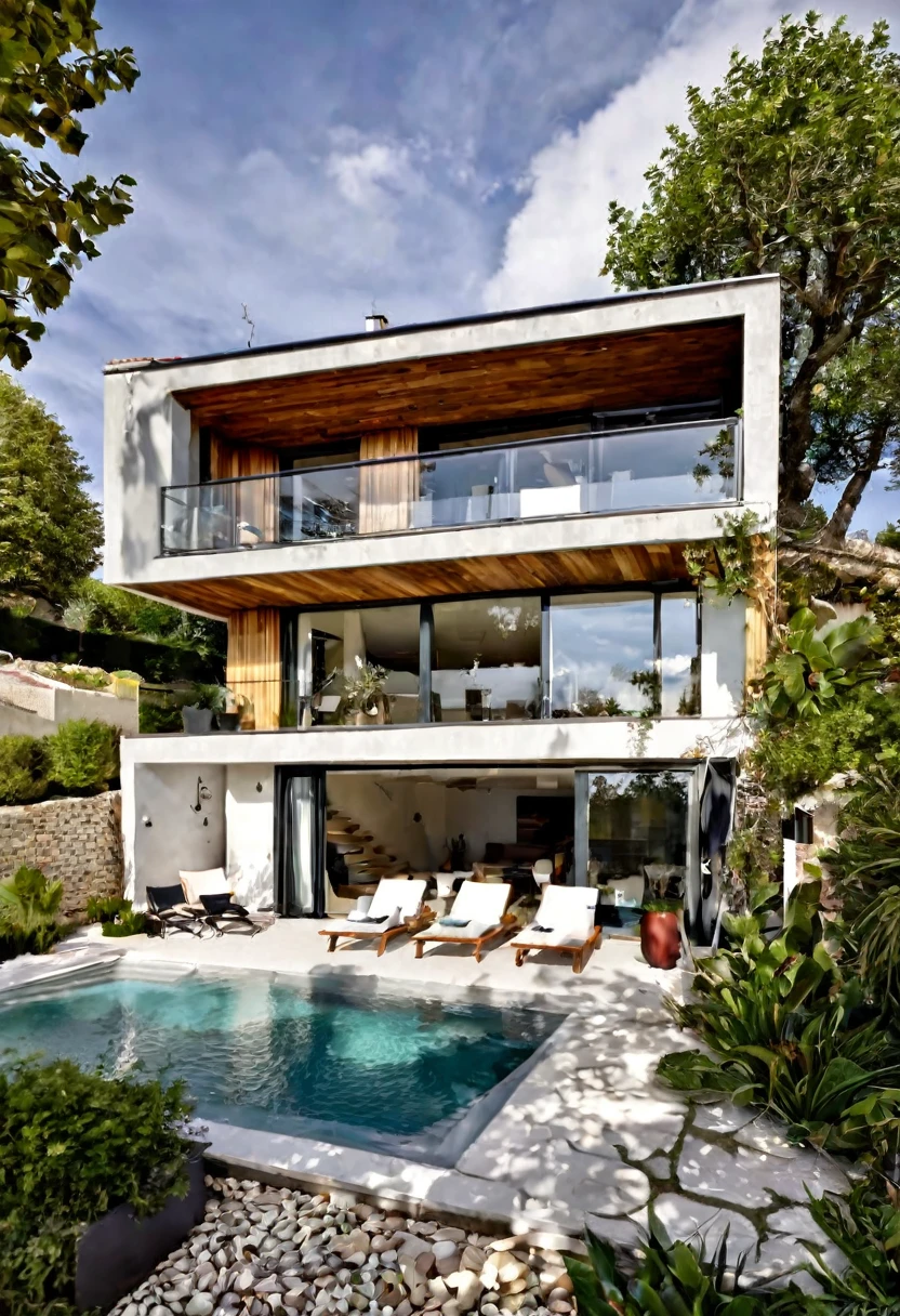 Imaginez une maison contemporaine, où l&#39;acier, le bois et le béton gris clair s&#39;harmonisent parfaitement. La structure robuste et élégante est complétée par des fenêtres de style brise-brise, permettant à la lumière naturelle de danser à travers l&#39;espace tout en préservant l&#39;intimité. Depuis la terrasse spacieuse, la vue s&#39;ouvre sur un grand, lac serein, reflétant le ciel bleu et les arbres environnants. C&#39;est un après-midi de printemps, la douce brise transporte le parfum des fleurs et le bruit paisible de l&#39;eau. L&#39;espace est accueillant et relaxant, idéal pour profiter d&#39;un bon livre ou d&#39;un café, en parfaite harmonie avec la nature.
