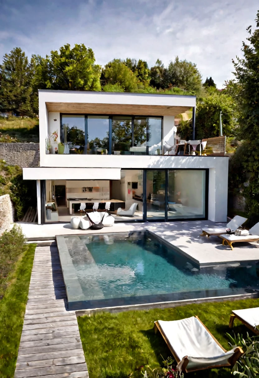Imaginez une maison contemporaine, où l'acier, le bois et le béton gris clair s'harmonisent parfaitement. La structure robuste et élégante est complétée par des fenêtres de style brise-brise, permettant à la lumière naturelle de danser à travers l'espace tout en préservant l'intimité. Depuis la terrasse spacieuse, la vue s'ouvre sur un grand, lac serein, reflétant le ciel bleu et les arbres environnants. C'est un après-midi de printemps, la douce brise transporte le parfum des fleurs et le bruit paisible de l'eau. L'espace est accueillant et relaxant, idéal pour profiter d'un bon livre ou d'un café, en parfaite harmonie avec la nature.