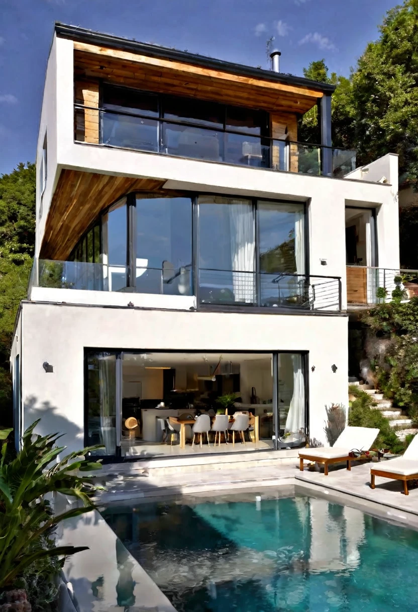 Imaginez une maison contemporaine, où l'acier, le bois et le béton gris clair s'harmonisent parfaitement. La structure robuste et élégante est complétée par des fenêtres de style brise-brise, permettant à la lumière naturelle de danser à travers l'espace tout en préservant l'intimité. Depuis la terrasse spacieuse, la vue s'ouvre sur un grand, lac serein, reflétant le ciel bleu et les arbres environnants. C'est un après-midi de printemps, la douce brise transporte le parfum des fleurs et le bruit paisible de l'eau. L'espace est accueillant et relaxant, idéal pour profiter d'un bon livre ou d'un café, en parfaite harmonie avec la nature.