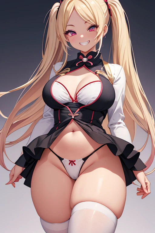 Realistic、masterpiece, 1house wife、blonde hair、twin tail, red eyes, (eye focus:1.3,face focus),(Gradient eyes:1.3),(sexy panties)、open mouth,(grin:1.3),forehead,cute face、((Thick thighs、Beautiful thighs)), A condescending gaze on the viewer,((Raise your arms, Expose your armpits)), Wrestler