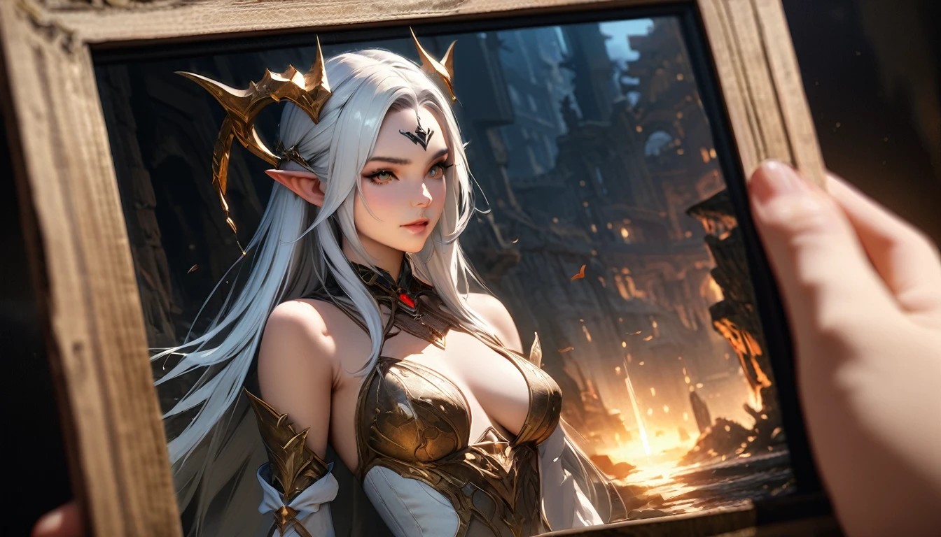 masterpiece, Best quality, 1 girl,photo, Studio photography, from the waist up, upper body, close-up of a woman with white hair and a horned face, dark Elf princess, beautiful dark Elf countess, Diablo 4 queen, 4k fantasy art, Diablo 4 Lilith, 8K fantasy art, dark Elf maiden, Кароль за uhd, dark Elf, hyper detailed fantasy character, detailed fantasy art, Фэнтезийное искусство Unreal Engine, ancient ring elf, the evening Mediterranean light casts a warm glow on her porcelain skin., High-resolution image, digital painting, Spiritual peace, golden ratio composition, cowboy shot, brilliant, brilliant hair, (night:1.2),Dreamy, [[gentle fingers and hands:0.55]::0.85],(detailed fingers),),(emotional),(breathtaking),(main part:1.2) whole body.), (Anime Style), (Super Detailed), (brutal), (uhd, HDR), (8k), (High Resolution: 1.2), (Complex and Beautiful: 1.2)