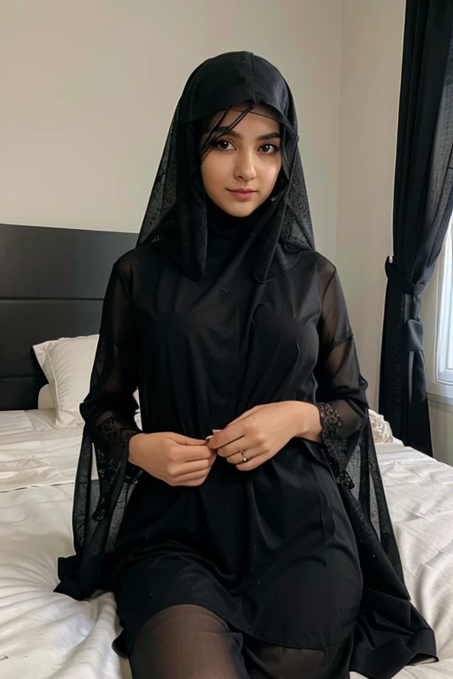 Arab mom black veil on bed