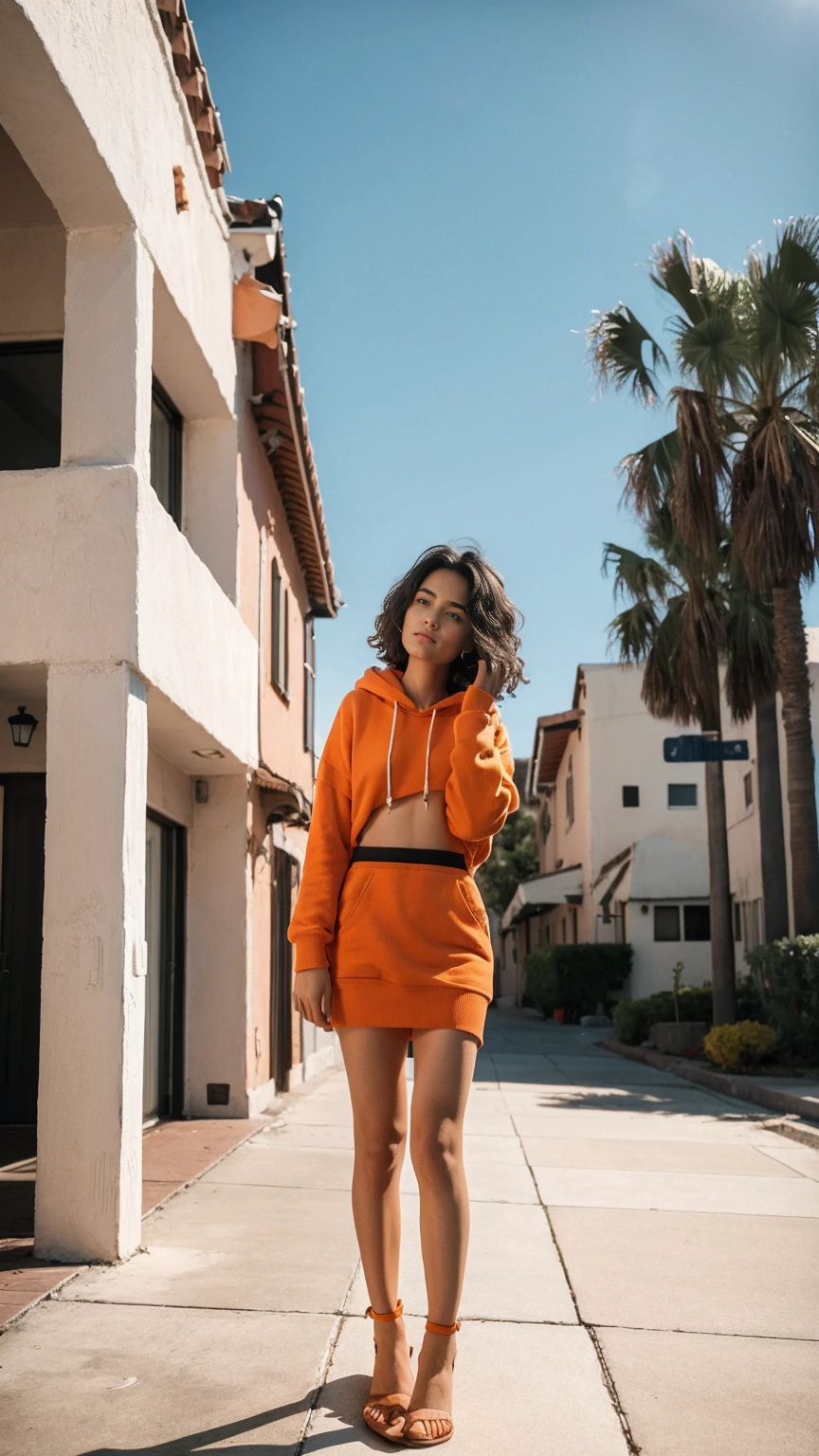 long shot portrait of cute 23 yo girl ,wear ((orange color oversized_hoodie)), wear ((purple tennis skirt)),looking front,Best Quality,Masterpiece,Ultra High Resolution,(Realisticity:1.4),Original Photo, 1Girl, light leak,ultra high resolution,UHD,beautiful, (black bob hair), almond eye, no makeup, in front of (80's mondrian architecture motel), (realistic:1.2), (surreal:1.3), (very detailed:1.1), ((masterpiece)),summer, blue sky, palm trees,sunny, los angles vibes,film camera, 800mm lens,style of Philip Lorca diCorcia