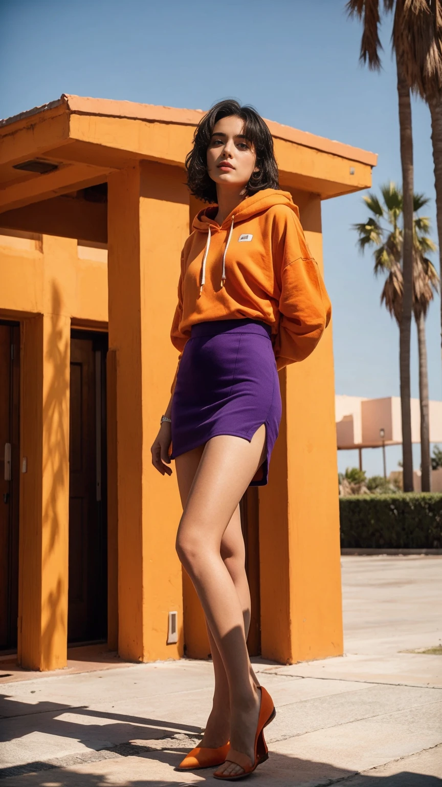 long shot portrait of cute 23 yo girl ,wear ((orange color oversized_hoodie)), wear ((purple tennis skirt)),looking front,Best Quality,Masterpiece,Ultra High Resolution,(Realisticity:1.4),Original Photo, 1Girl, light leak,ultra high resolution,UHD,beautiful, (black bob hair), almond eye, no makeup, in front of (80's mondrian architecture motel), (realistic:1.2), (surreal:1.3), (very detailed:1.1), ((masterpiece)),summer, blue sky, palm trees,sunny, los angles vibes,film camera, 800mm lens,style of Philip Lorca diCorcia