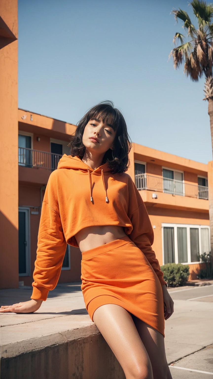 long shot portrait of cute 23 yo girl ,wear ((orange color oversized_hoodie)), wear ((purple tennis skirt)),looking front,Best Quality,Masterpiece,Ultra High Resolution,(Realisticity:1.4),Original Photo, 1Girl, light leak,ultra high resolution,UHD,beautiful, (black bob hair), almond eye, no makeup, in front of (80's mondrian architecture motel), (realistic:1.2), (surreal:1.3), (very detailed:1.1), ((masterpiece)),summer, blue sky, palm trees,sunny, los angles vibes,film camera, 800mm lens,style of Philip Lorca diCorcia