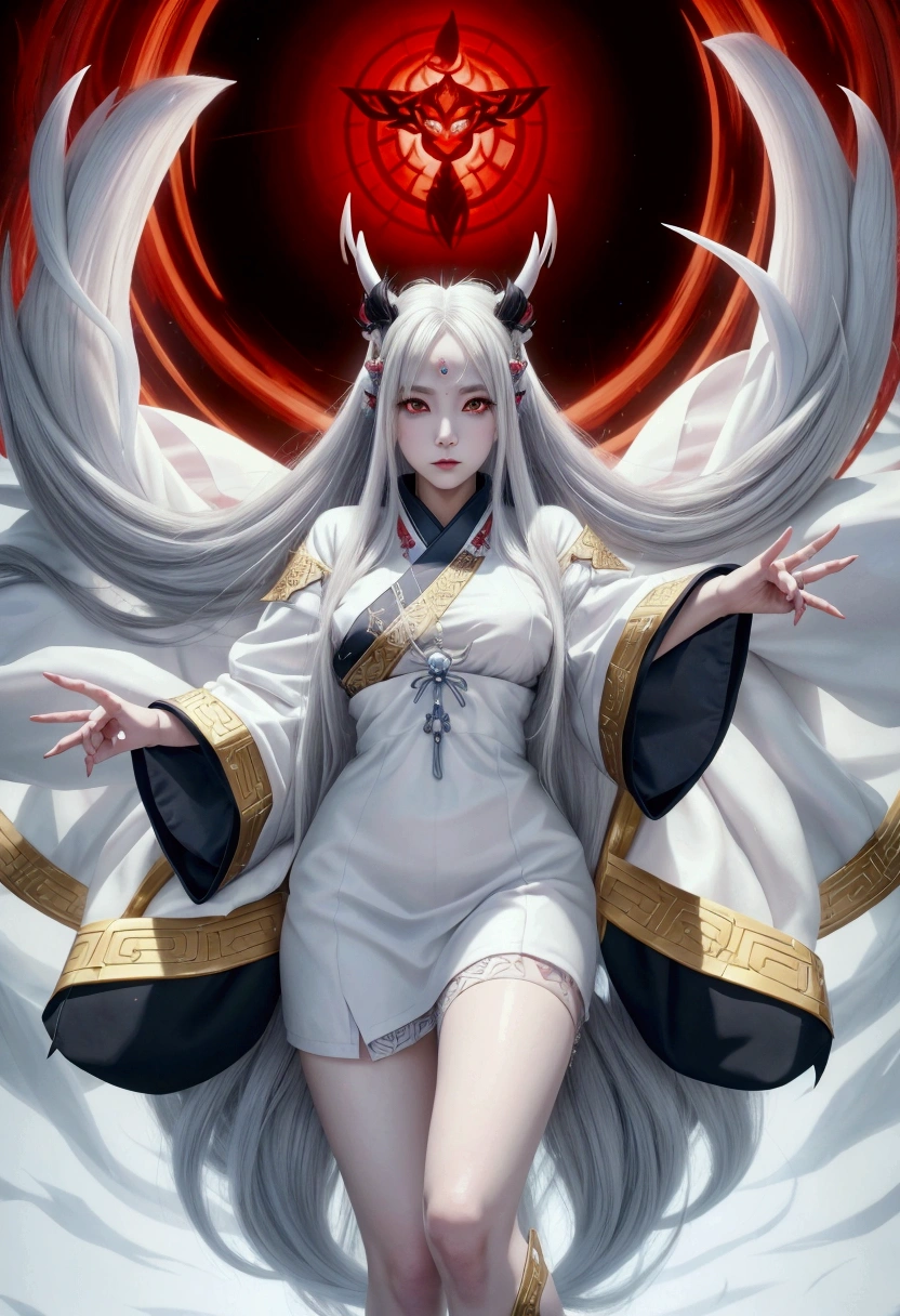 a woman in a white dress with long white hair and horns, onmyoji, onmyoji detailed art, onmyoji portrait, white haired deity, amaterasu, anime goddess, white horns queen demon, evil godess, japanese lightning goddess, official artwork, masterpiece goddess of sorrow, the piercing stare of yuki onna, goddess of anger