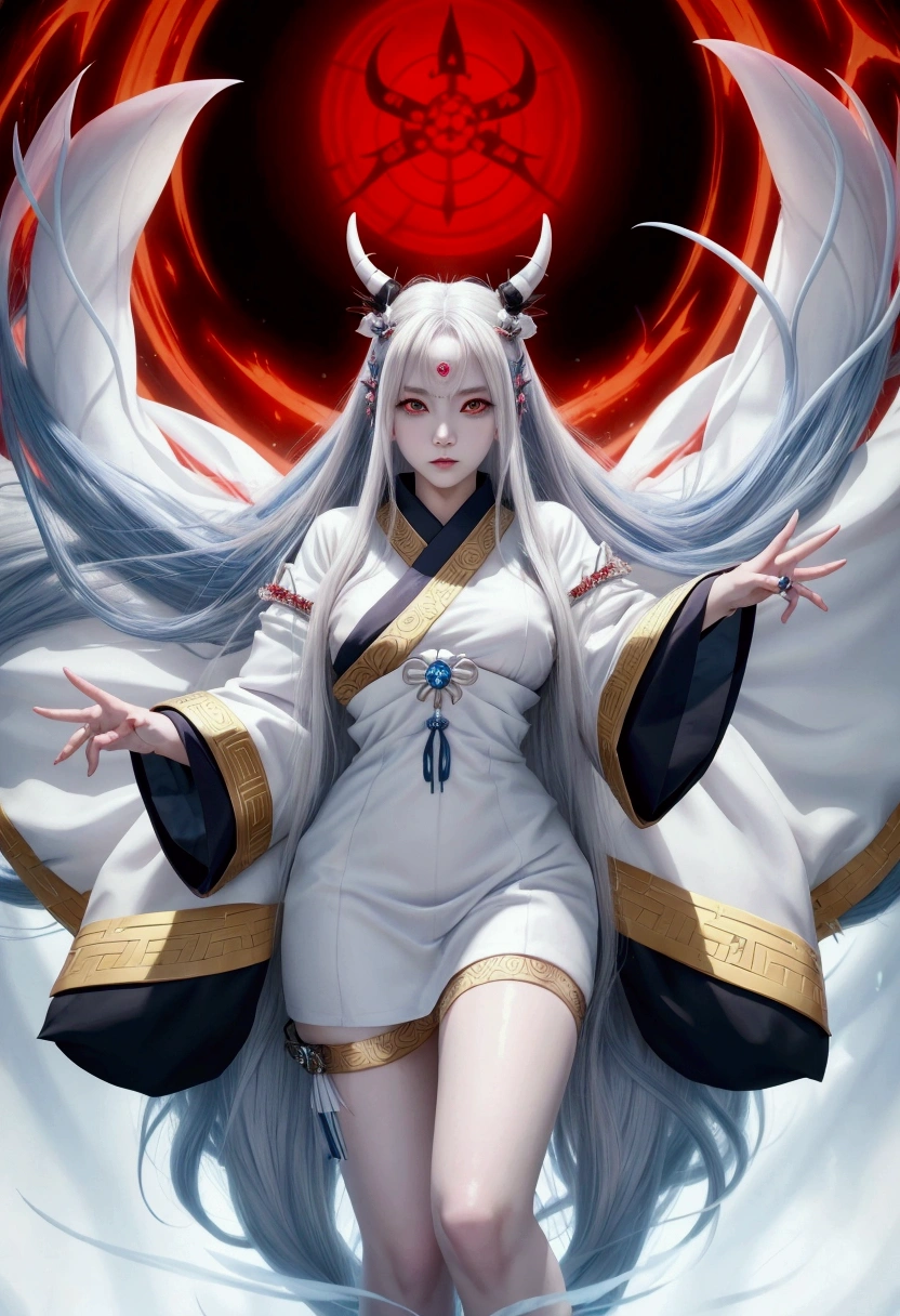 a woman in a white dress with long white hair and horns, onmyoji, onmyoji detailed art, onmyoji portrait, white haired deity, amaterasu, anime goddess, white horns queen demon, evil godess, japanese lightning goddess, official artwork, masterpiece goddess of sorrow, the piercing stare of yuki onna, goddess of anger