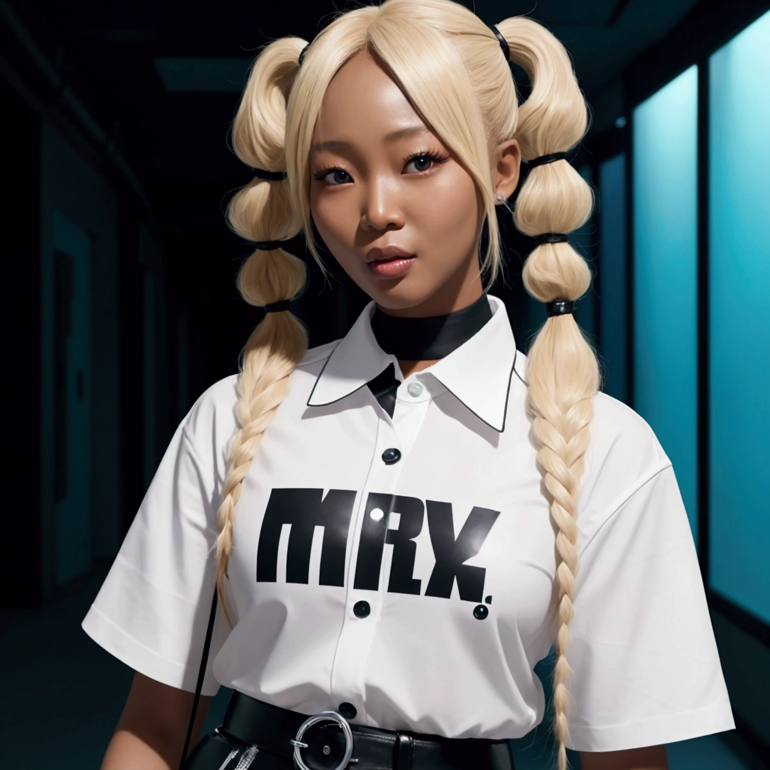 Korean woman with blond hair poses for a photo, HD live wallpaper, Naomi Campbell, like Artgerm, super cute funky black girl, she is about 1-6 years old, from Harley Quinn, gamer theme, wears open white shirt in front, in a neon-lit hallway, screenshot, beautiful face, long pigtail