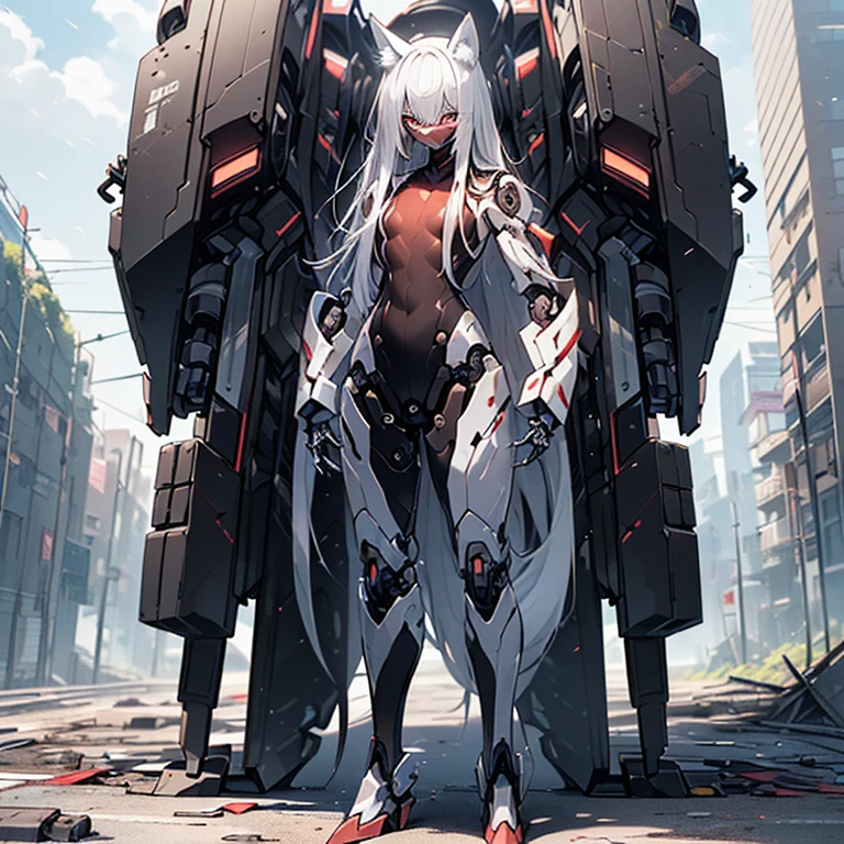 (Fox Girl, Fox Ears, Silver Hair, Fox Makeup, One Girl, Long Hair, Alone on the screen, dark skin, High definition, high resolution:1.6), (mecha musume, Machinery Parts,Robot Joints, White and red clothes, face以outside全身機械スーツ:1.8), (Body measurements are 75-60-75!, Young girl body, Small breasts, Proudly, Standing posture, slender, muscle:1.9), Avatar, face, 色っぽいface, Dominant representation, naughty face, Uplifting, Skin Texture, outside, ruins, Ruined City, Broken Building, There are no people