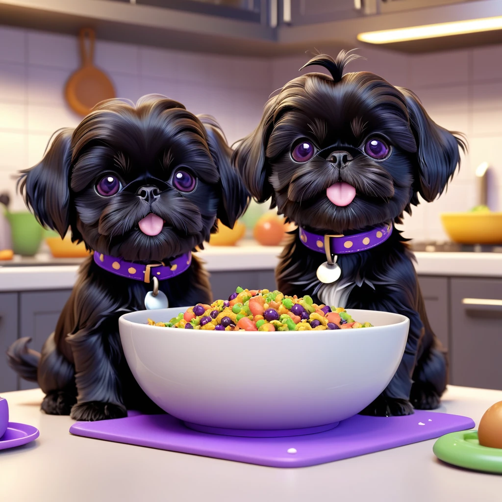 2 adorable small black shih tzu puppies wearing red collars,disney kitchen,3d cartoon,3d render,disney pixar style,refrigerator making food mess,extremely detailed,masterpiece,photorealistic,vibrant colors,warm lighting,cute,adorable,playful,mischievous