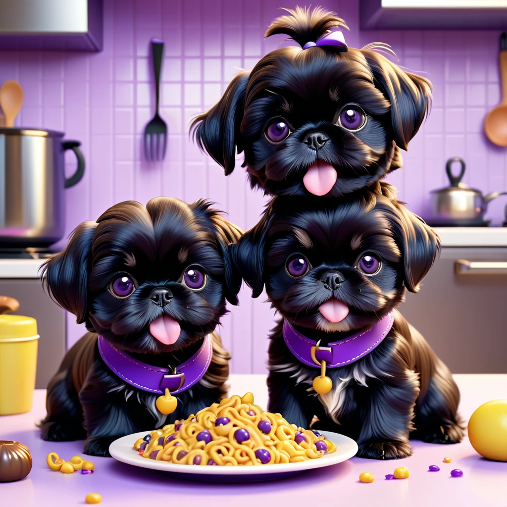 2 adorable small black shih tzu puppies wearing red collars,disney kitchen,3d cartoon,3d render,disney pixar style,refrigerator making food mess,extremely detailed,masterpiece,photorealistic,vibrant colors,warm lighting,cute,adorable,playful,mischievous