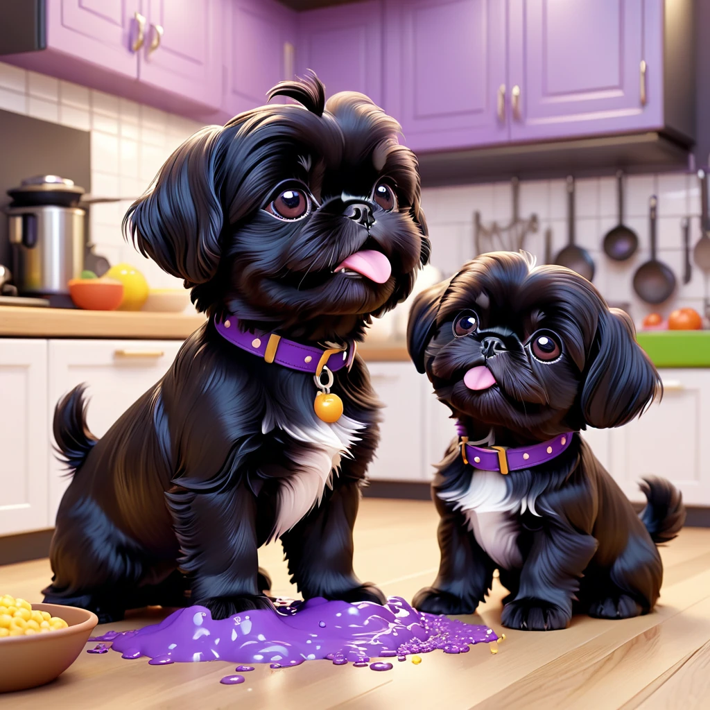 2 adorable small black shih tzu puppies wearing red collars,disney kitchen,3d cartoon,3d render,disney pixar style,refrigerator making food mess,extremely detailed,masterpiece,photorealistic,vibrant colors,warm lighting,cute,adorable,playful,mischievous