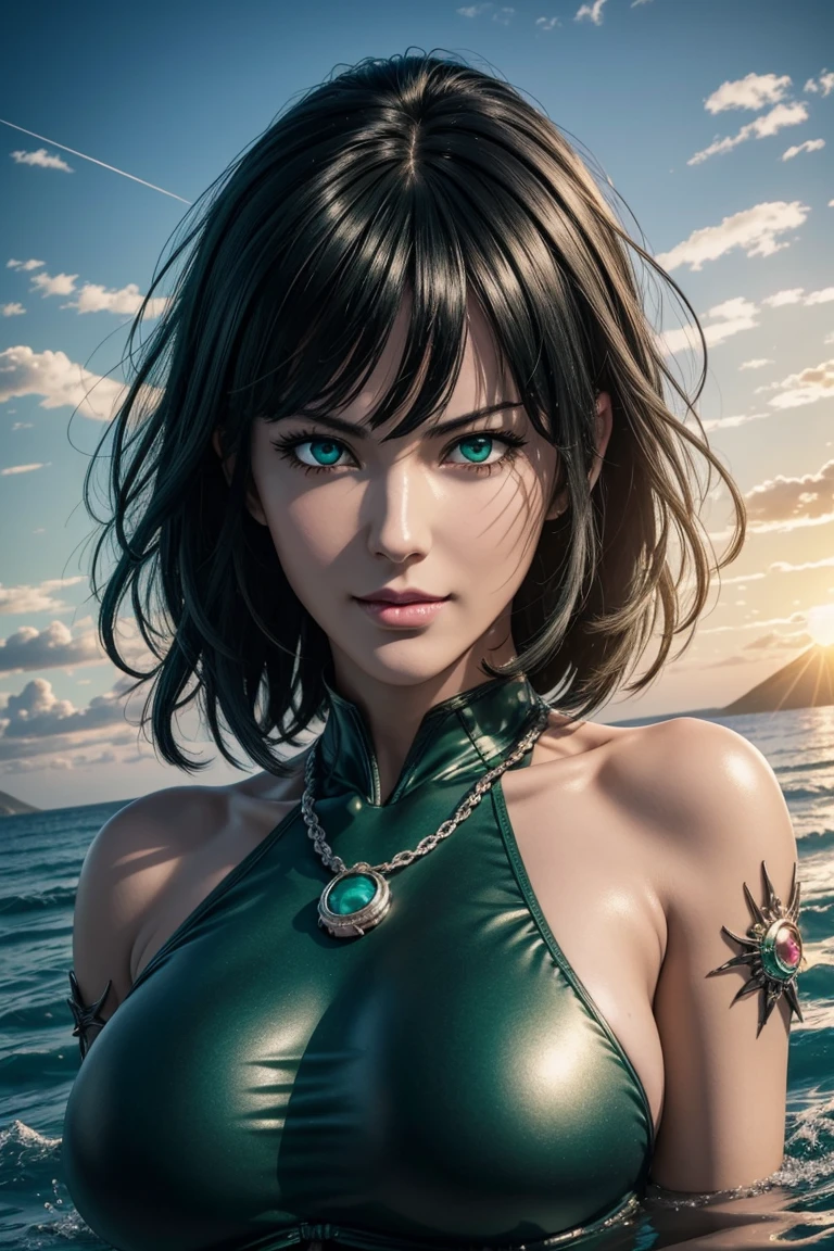 The best one,One Punch Man,Fubuki from Hell,Emerald green eyes,Beautiful black hair,Bangs down,Light green inner hair photorealistic,Ultra HD,high quality,masterpiece,Digital SLR,Detailed details,Intricate details,Anatomical basis,Depicted in detail,A detailed face,Realistic skin texture,Vivid details,Perfect Anatomy,Perfect Anatomy,Anatomically correct hand,Anatomically correct fingers,Super Detail,Complex 3D rendering,Huge ,Sexy pose,Sexy Swimwear,Beautiful sunset,Beautiful beaches,Fantastic sunny weather,Fantasy worldview,Picturesque,Pink Lips,smile,