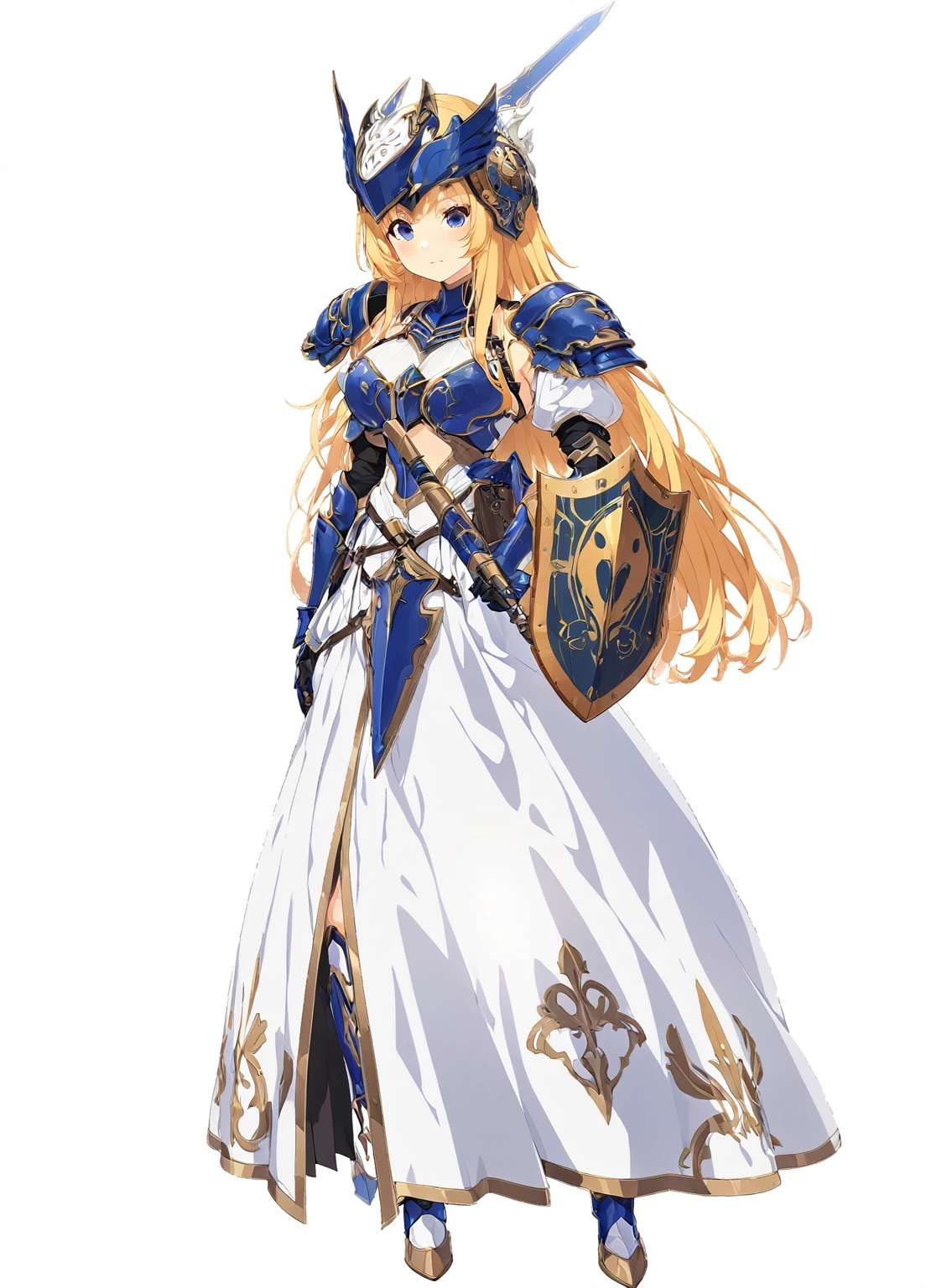 high quality, high resolution, high qualityのゲームアートスタイル, whole body,valkyrie,perfect hand,Official Art, Smooth game CG art, Visual Novel Sprites, White background,Smooth game CG art, (((Woman with a gun))),Woman wearing a white dress and blue armor, An intricately designed helmet with white feathers,Small shield, (((In his right hand he holds an elaborate spear))),Exquisite Blue Armor,Golden Hair, long hair, female knight, Rin々Shii,Large Bust,20-year-old,