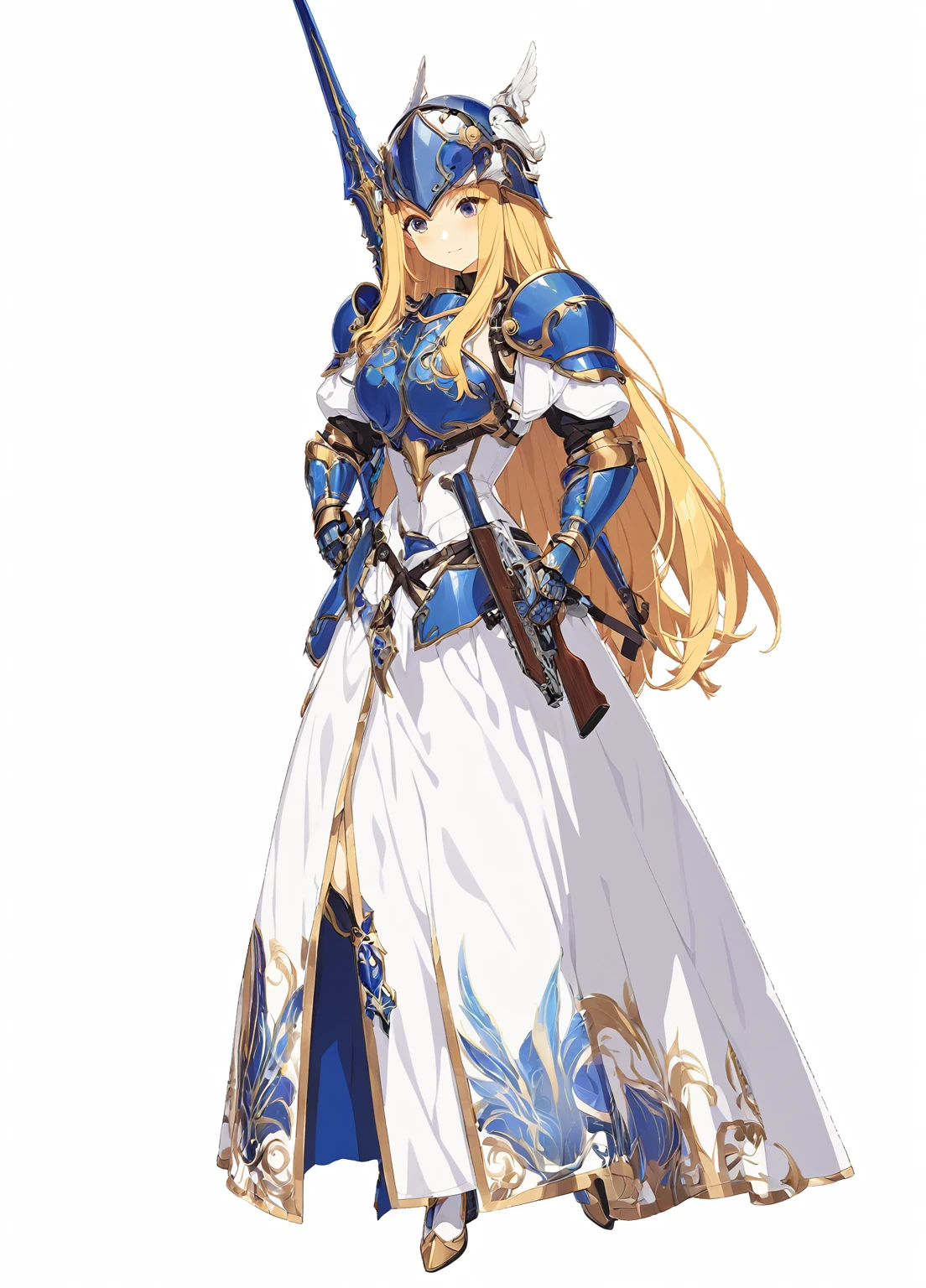 high quality, high resolution, high qualityのゲームアートスタイル, whole body,valkyrie,perfect hand,Official Art, Smooth game CG art, Visual Novel Sprites, White background,Smooth game CG art, (((Woman with a gun))),Woman wearing a white dress and blue armor, An intricately designed helmet with white feathers,Small shield, (((In his right hand he holds an elaborate spear))),Exquisite Blue Armor,Golden Hair, long hair, female knight, Rin々Shii,Large Bust,20-year-old,