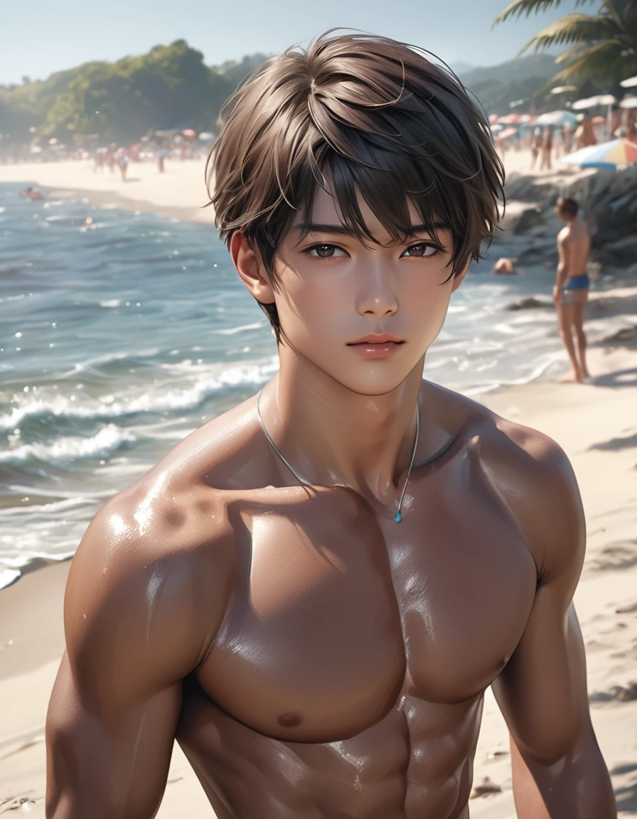 high quality, detailed, photo Realistic,( tanned japanese school boy), (detailed black eyes), (black short hair),(abs;1.2),(tanned dark brown shiny skin:1.4),summer beach afternoon,(best quality,4k,8k,highres,masterpiece:1.2),(realistic,photorealistic,photo-realistic:1.37),