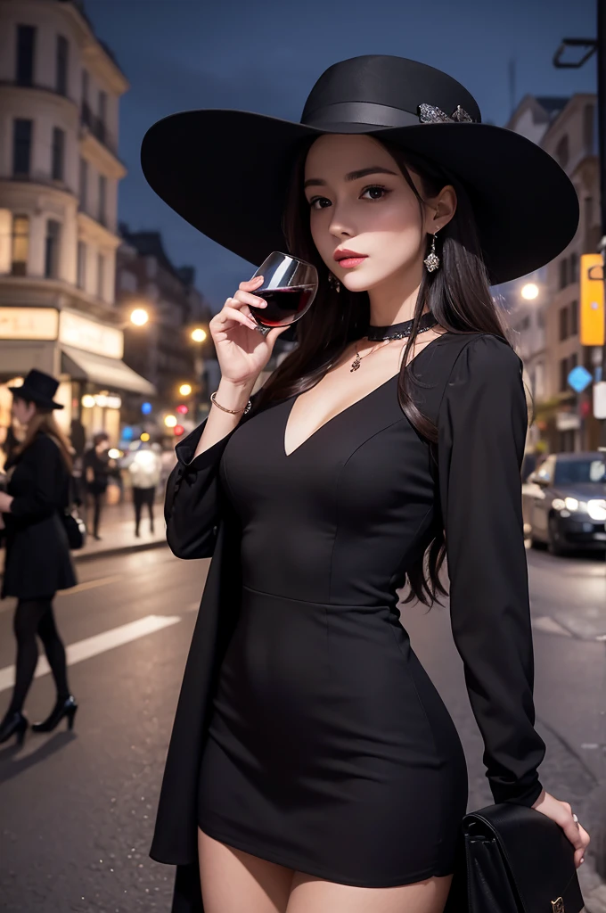 Woman in black dress with four-piece details and hat, at a street intersection, holding a glass of wine, the night
