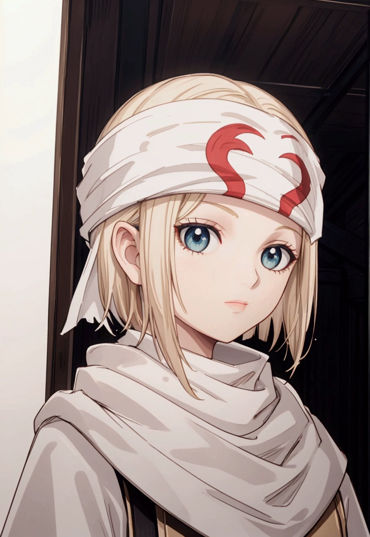 masterpiece), best quality, high resolution blonde 1girl bob cut medium hair standing alone cowl headband profile image looking at viewer beautiful eyes beautiful face extremely detailed