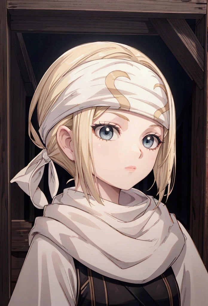 masterpiece), best quality, high resolution blonde 1girl bob cut medium hair standing alone cowl headband profile image looking at viewer beautiful eyes beautiful face extremely detailed